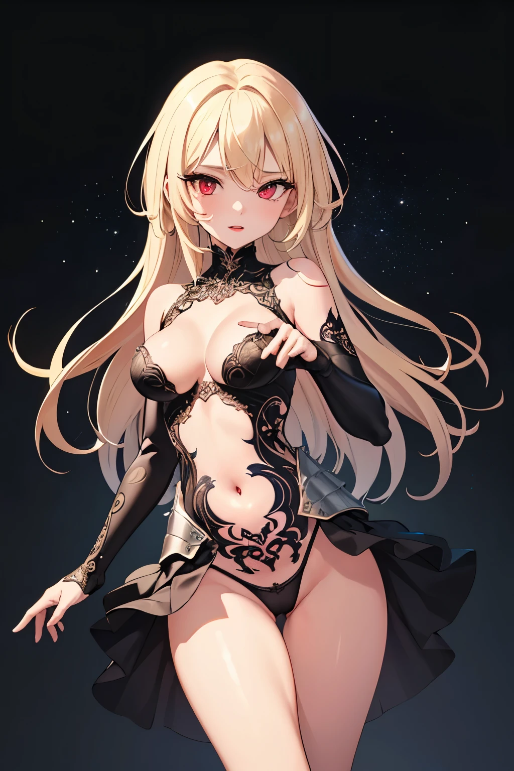 1girl, anime, cute girl, blank background, white background, fantasy, detailed fantasy dress with highlights, beautiful face, beautiful eyes, dark colors, black hair with multicolor streaks, red eye with different color pupil in eye, multicolor eye, medium small breasts (slightly big), slight cleavage, beautiful skin, cute, breast curtains, extremely delicate and beautiful, (beautiful detailed face:1.0), (detailed deep eyes), symmetrical breasts, deep eyes, shiny skin, portrait, slender waist, hips wider than shoulders, thighs, expressionless, young girl, luminous eyes, adorable,(Kpop idol),(aegyo sal:1),(Platinum blonde hair:1),((puffy eye)),Black panty,sexy posture,Superskirt, ultra high resolution,Black collar,slim figure, Abdominal y tattoo, womb tattoo,Tight-fitting leg ring,y tattoo on half-body,Bare skin, Armored hand,Hidden fingertips,Hand covered,Arm covered,Fist covered,{{beautiful detailed fingers}}, tufts of hair, moderate beautiful breast:1.0,(masterpiece:1.2), best quality, high-res, HDR, perfect face, intricate armor, delicate blue filigree, intricate filigree, red metalic parts, detailed part, dynamic pose, dynamic lights,