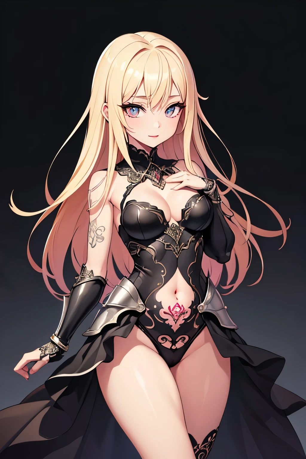 1girl, anime, cute girl, blank background, white background, fantasy, detailed fantasy dress with highlights, beautiful face, beautiful eyes, dark colors, black hair with multicolor streaks, red eye with different color pupil in eye, multicolor eye, medium small breasts (slightly big), slight cleavage, beautiful skin, cute, breast curtains, extremely delicate and beautiful, (beautiful detailed face:1.0), (detailed deep eyes), symmetrical breasts, deep eyes, shiny skin, portrait, slender waist, hips wider than shoulders, thighs, expressionless, young girl, luminous eyes, adorable，（Kpop idol）,（aegyo sal：1），（Platinum blonde hair：1），（（puffy eye）），Black panty，sexy posture，Superskirt, ultra high resolution，Black collar，slim figure, Abdominal y tattoo, womb tattoo，Tight-fitting leg ring，y tattoo on half-body，Bare skin, Armored hand，Hidden fingertips，Hand covered，Arm covered，Fist covered,{{beautiful detailed fingers}}, tufts of hair, moderate beautiful breast:1.0,(masterpiece:1.2), best quality, high-res, HDR, perfect face, intricate armor, delicate blue filigree, intricate filigree, red metalic parts, detailed part, dynamic pose, dynamic lights,