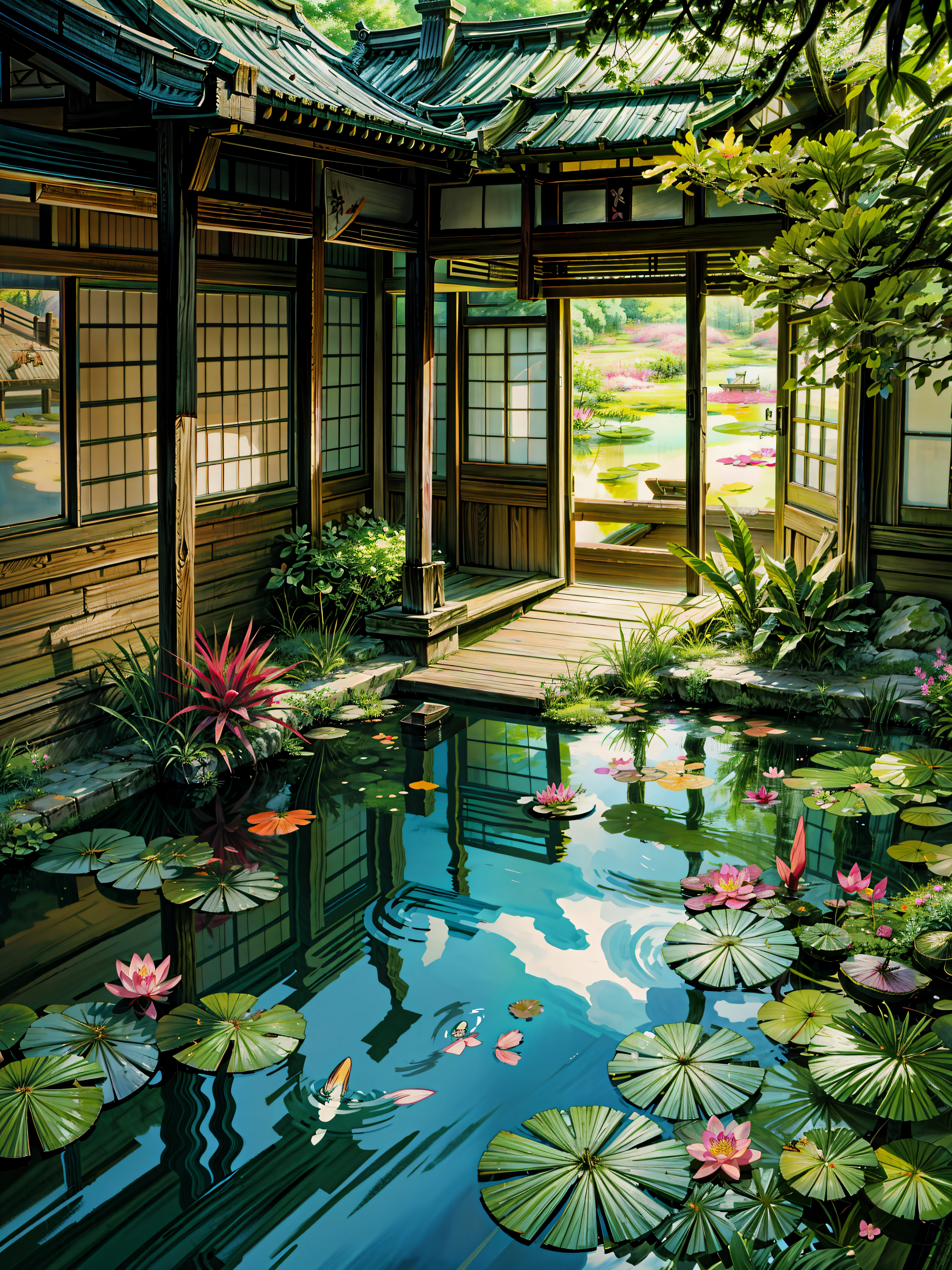 a japanese garden with water lilies and a pond, koi pond, zen temple background, garden pond scene, anime scenery, anime scenery concept art, 2 d game art background, waterlily pond, scenery artwork, 2d game background, japanese art style, oriental wallpaper, lotus pond, royal garden background, pond landscape, pond with frogs and lilypads, beautiful detailed background, 4k hd,, beautiful art uhd 4 k, a beautiful artwork illustration, beautiful digital painting, highly detailed digital painting, beautiful digital artwork, detailed painting 4 k, very detailed digital painting, rich picturesque colors, gorgeous digital painting