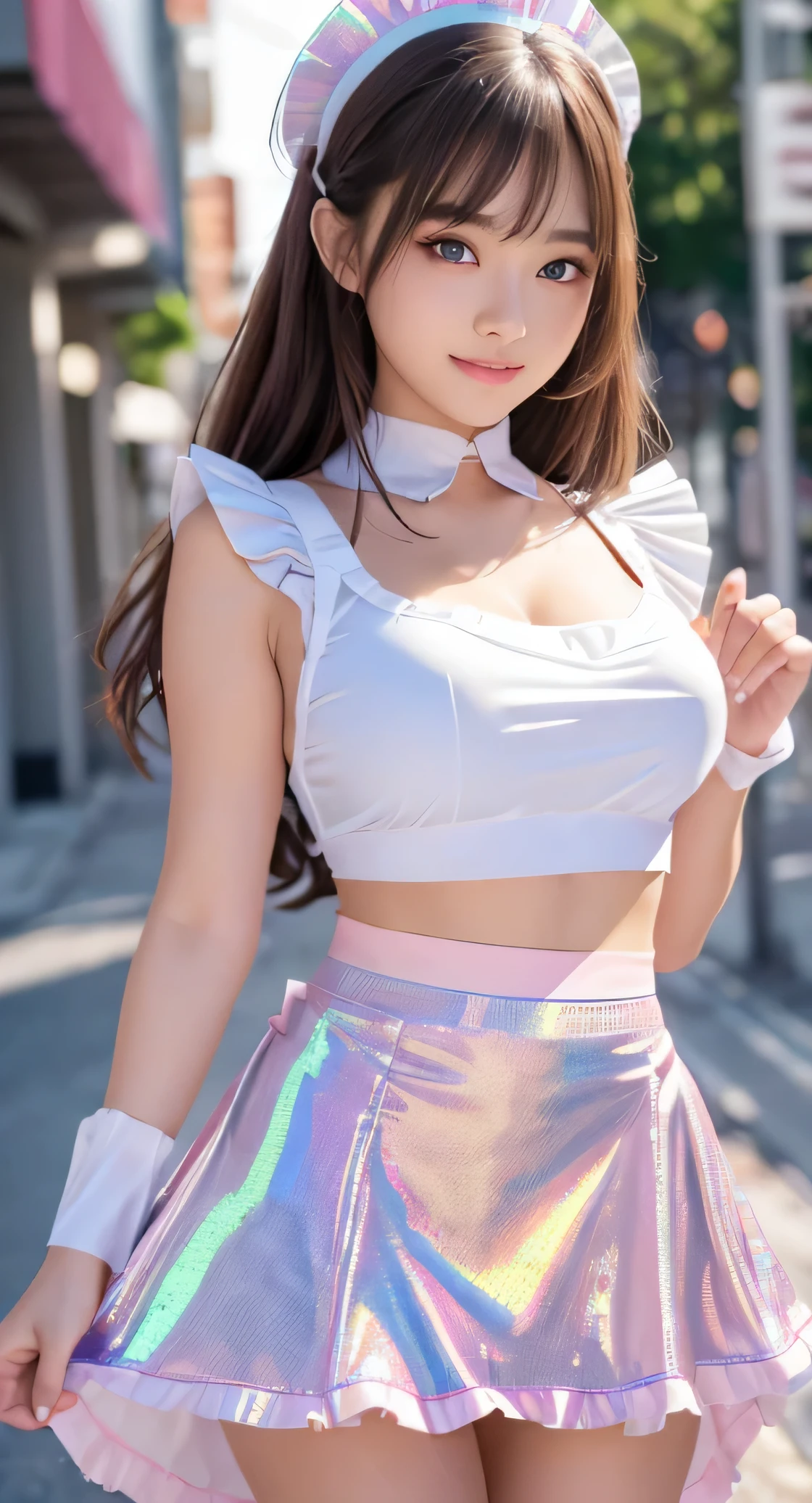 Angelic very beautiful cute young girl,
Beautiful detailed eyes,
Detailed double eyelids,
(Soft Saturation: 1.3),
(Fair skin: 1.3),v-line jaw,
(Large eyes:1.4),
Long straight brown hair,
see-through bangs,15yo student,
Sharp Focus,
beautiful detailed face and eyes,
drooping eyes,
small straight nose,
small mouth,
happy smiling with visible teeth, 85mm lens, F/8.0,BREAK (Super shiny holographic white and metallic pink maid costume :1.3),Walking,Brown hair ,(Costumes with strong reflective surfaces:1.3),
(Best Quality:1.2),(Maid costume:1.5),
Raw photo,
High resolution,
perfect detail,
Professional Photography,
Professional Lighting,
Powerful lighting of the costume,In the street,break (lift the skirt:1.5),(panty:1.5),(skirt lift:1.5),(lift apron:1.4)