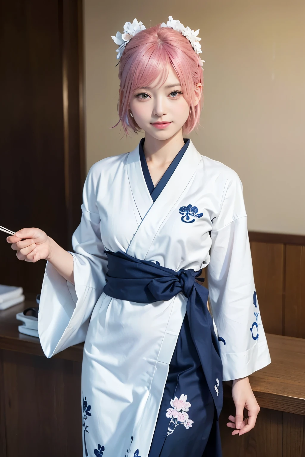 (8K, highest quality, masterpiece:1,2), (realistic, Photoreal:1.37), Super detailed, one girl,), (very detailed), (detailed and beautiful eyes), (highest qualityの), (Super detailed ), (masterpiece), (detailed face),20-year-old, ,1 girl, ((pink hair,very short hair)), medium breasts, dressed, perfect lighting, break (navy blue haori:1.3), (white collar:1.2), (three quarter sleeves:1.2), (white kimono:1.4), (nature motif pattern:1.2), (navy blue hakama:1.3), (Ankle length:1.2), (The hem is not too wide either、:1.2), (white obi:1.4), (simple knot:1.2), (white foot bag:1.2), (Black geta:1.2), (low height:1.2), (Easy to walk:1.2), (bun hair:1.2), (hair ornaments:1.2), (flowers and pieces of paper:1.2), break bun hair, flowers and pieces of paper hair ornaments, smile, friendly, looking at camera, hold soba with right hand, Holding chopsticks with left hand, Please do not put soup on the soba., In front of the soba shop counter, Wall with menu and photos, Natural light, Adding soft shadows to the face