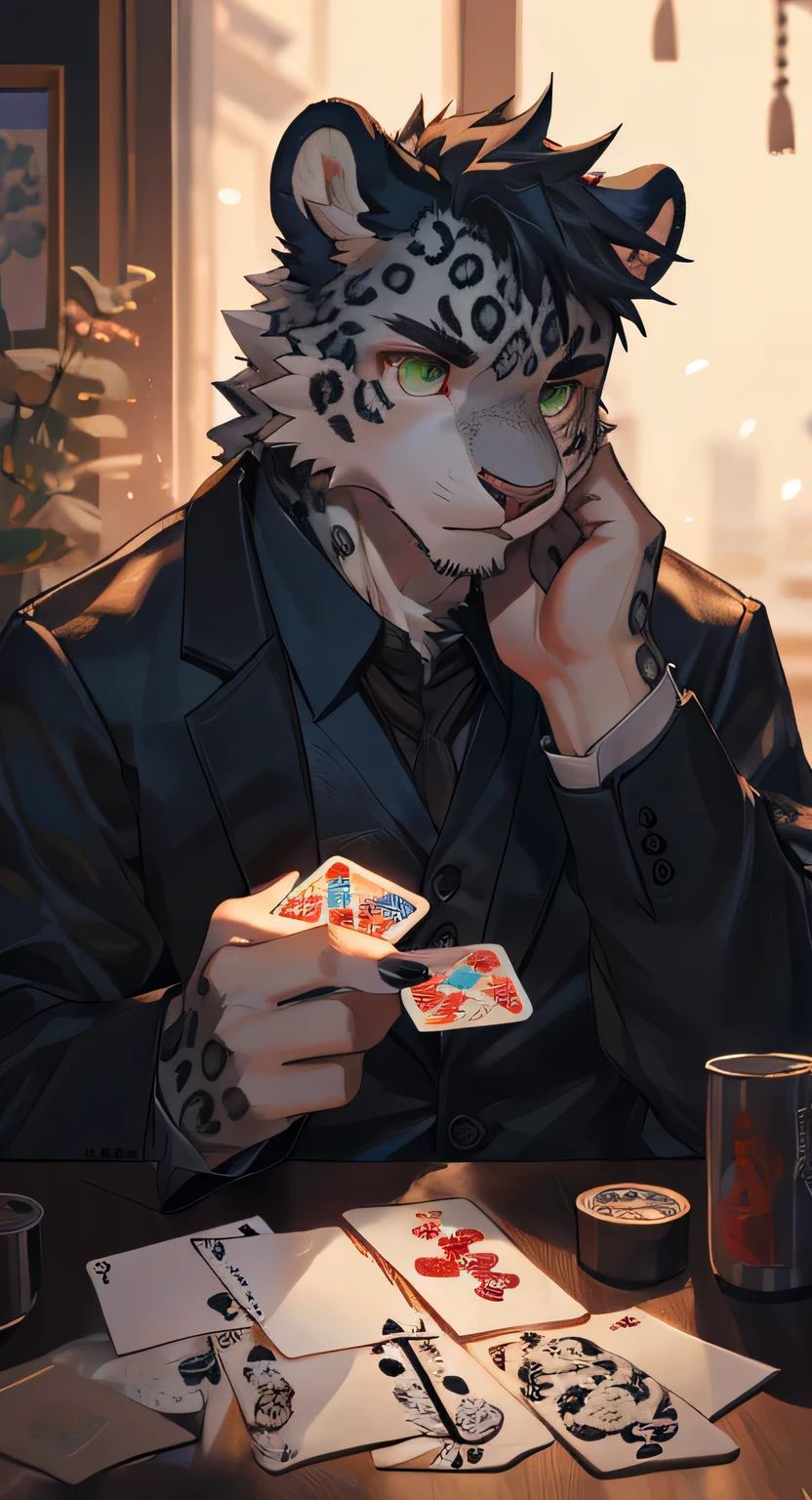 Cai Xukun's Cai Xukun'male, hairy, snow leopard, youth,alone, Handsome,white fur, green eyes, (Realistic eye details),Bare bottom, playing cards,black suit,masterpiece, dramatic lighting, soft light, Very detailed, 4k HD,Manners are dignified