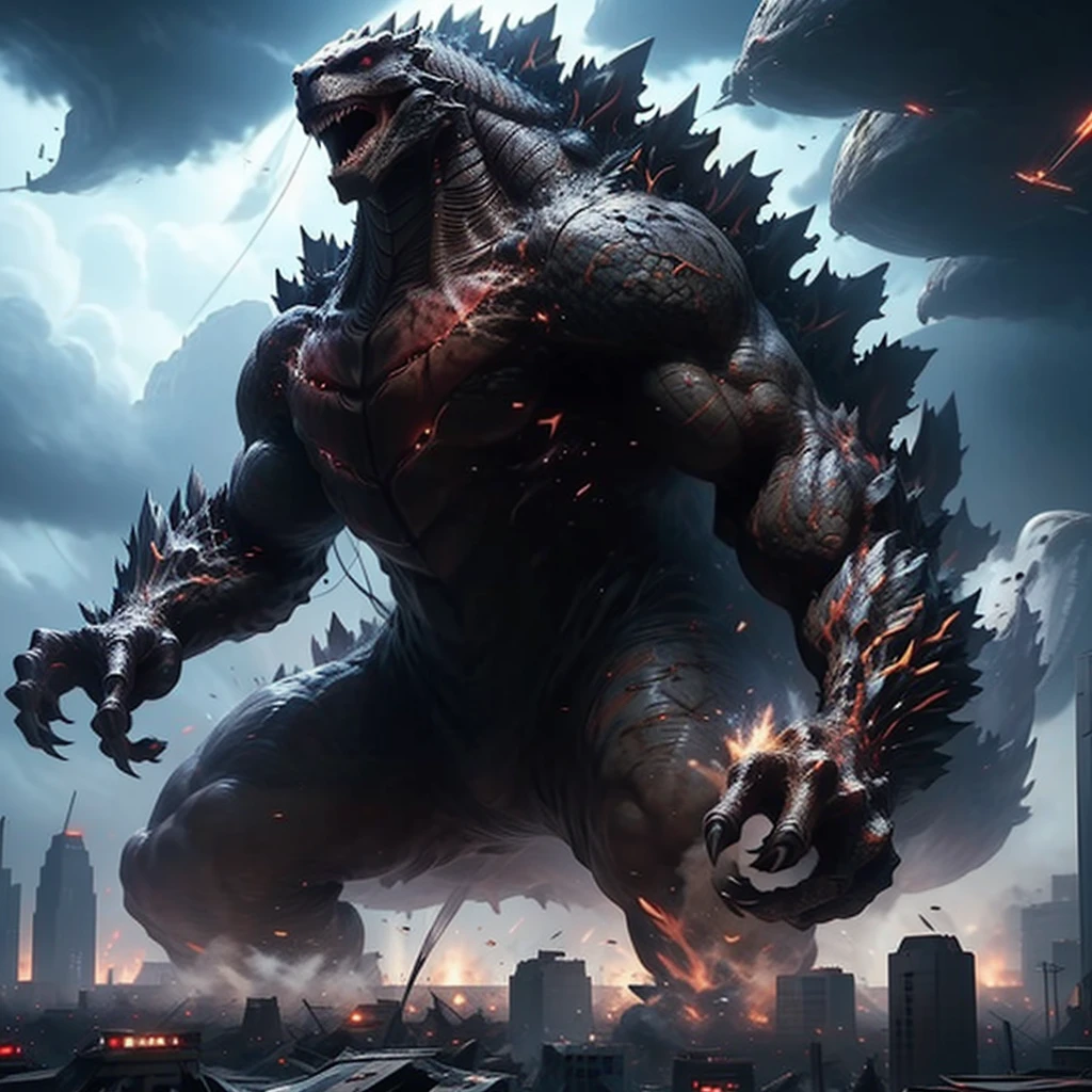 Godzilla roars,frustrated,ashenvy,genre:action,monster movie,best quality,ultra-detailed,realistic:1.37,Tokyo,mass destruction,debris flying,apocalyptic atmosphere,cityscape,skyscrapers,explosions,fire and smoke billowing,dramatic lighting,giant lizard,atomic fire breath,destructive power,UFO,hovering in the sky,mysterious,extraterrestrial craft