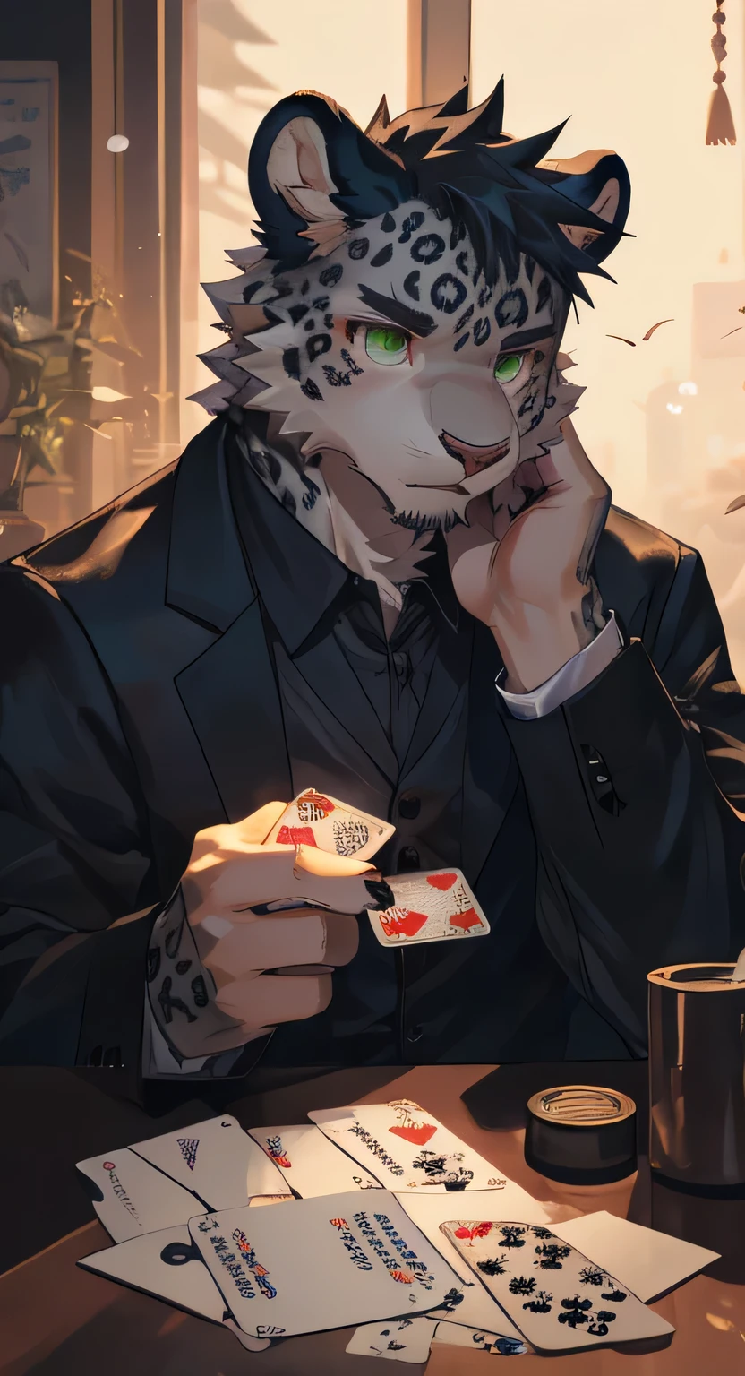 Cai Xukun&#39;s Cai Xukun&#39;male, hairy, snow leopard, youth，alone, Handsome，white fur, green eyes, Bare bottom, playing cards，black suit，masterpiece, dramatic lighting, soft light,  Very detailed, 4k HD，Manners are dignified