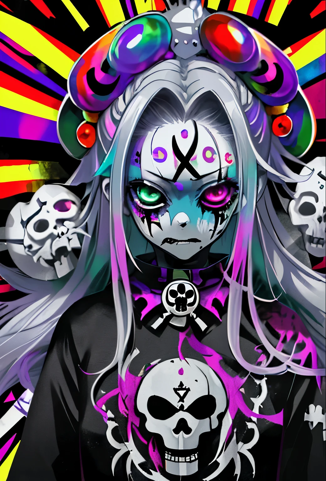 anime zombie voodoo priestess design, Crossbones, calaveras, Streetwear design, rastas, pro vector, estilo de terror, Complete design, Solo 6 colores, colors solid, sin sombras, Complete design, pegatina, colores brillantes, Fondo blanco.