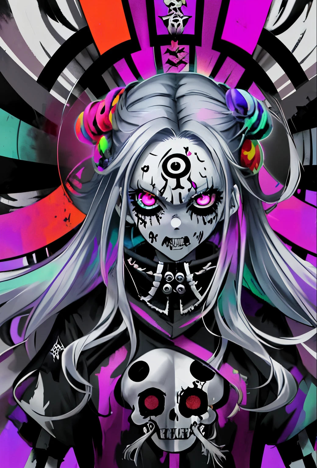 anime zombie voodoo priestess design, Crossbones, calaveras, Streetwear design, rastas, pro vector, estilo de terror, Complete design, Solo 6 colores, colors solid, sin sombras, Complete design, pegatina, colores brillantes, Fondo blanco.