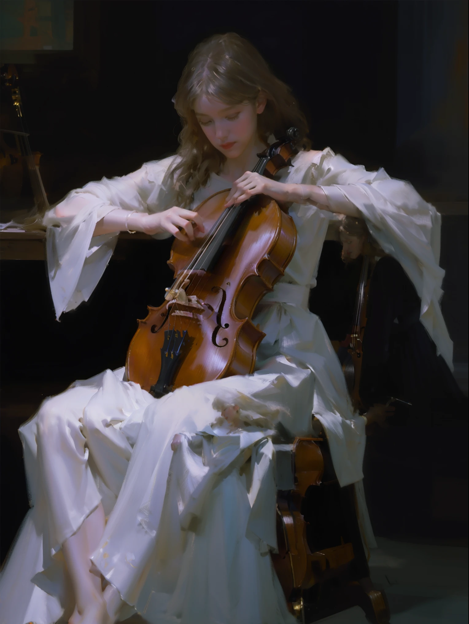 Full body standing painting,(Drawing of girl playing cello), white dresseandy Jürgens (Mandy Jurgens) Realistic paintings created, Perverted, arte figurativa, Detailed depiction of the, realistically, An artwork of