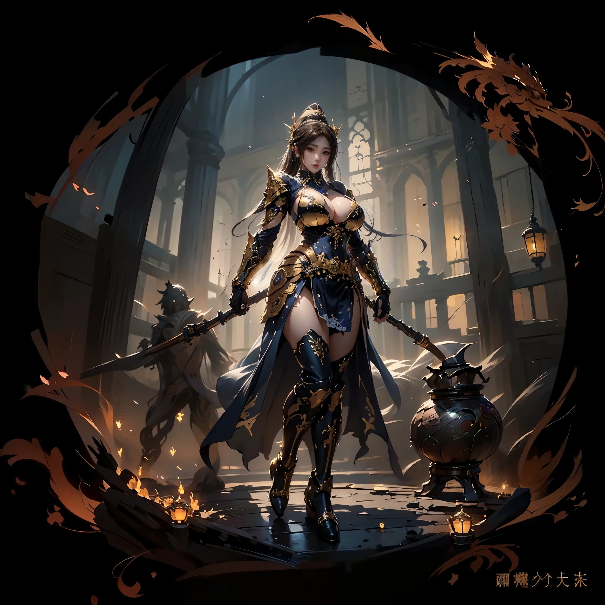 There is a woman in the crystal ball,battlefield,Gothic style building interior,treasure,Super detailed, fair, main part, best quality, Delicate and cute round eyes, Beautiful and delicate face, medium long hair, woman wearing golden armor, Chengwei Pan em ArtStation, author:Yang Jie, detailed fantasy art, Great character art, Melho Art Station Fan Art, Epic and beautiful character art, beautiful armor, Extremely detailed Artgerm, detalhes completos of armor, Holding a spear,Detailed digital animation art, Artgerm in ArtStation Pixiv, of armor, (huge breasts, (huge breasts:1.2), Thick chest, thick belt), (wide hips:1.4, Thighs, The body is graceful), young woman,