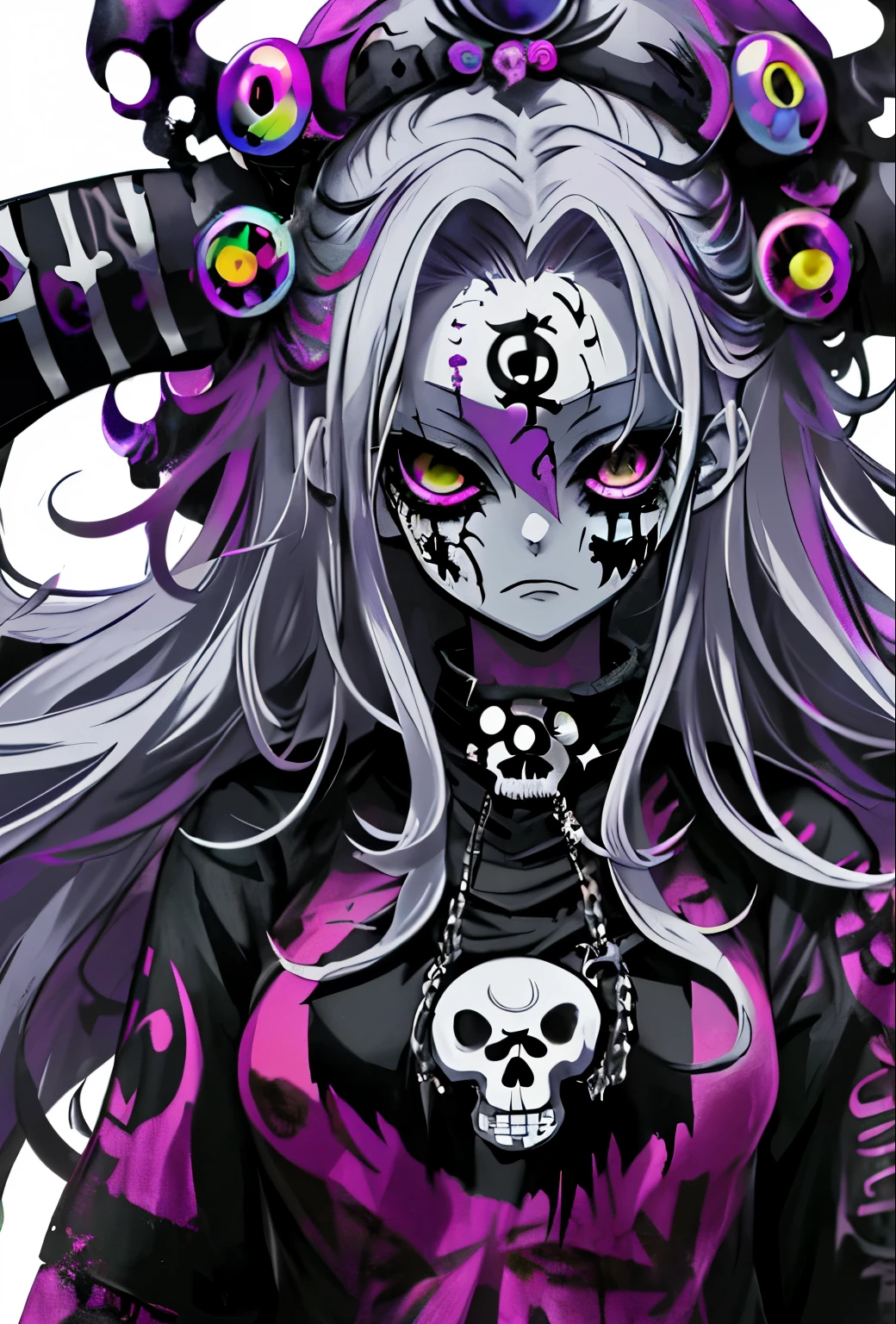 anime zombie voodoo priestess design, Crossbones, calaveras, Streetwear design, rastas, pro vector, estilo de terror, Complete design, Solo 6 colores, colors solid, sin sombras, Complete design, pegatina, colores brillantes, Fondo blanco.