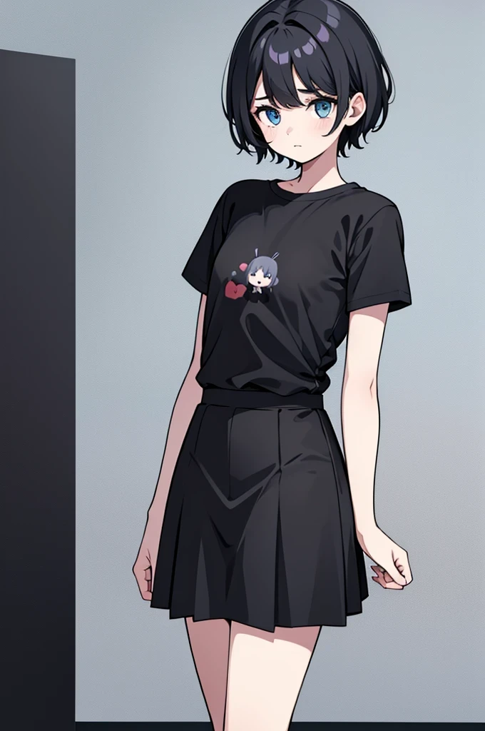 1girl, solo, blue eyes, (detailed eyes), flat chest, short hair, black hair, ((black t-shirt)), simple t-shirt, black skirt, black socks, standing, upper body, (white background), Transparent background, looking down, ((masterpiece, illustration, best quality))