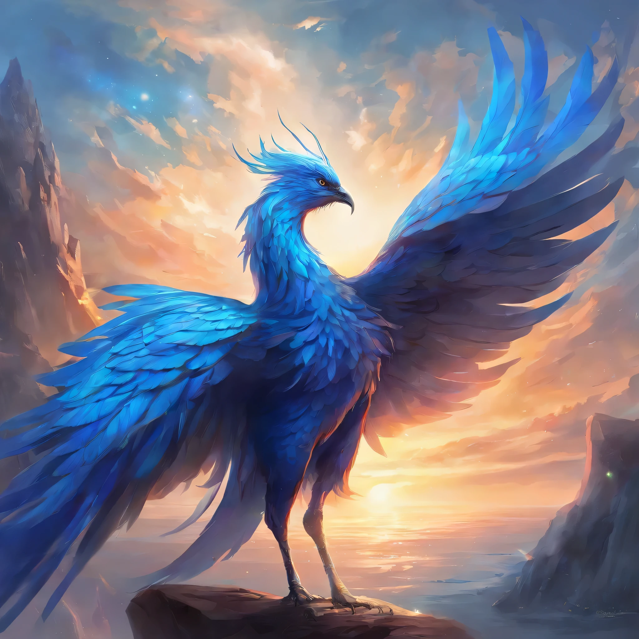 masterpiece、high resolution、high quality、Blue Phoenix、Bird type、cool、strong、beautiful、blue、blue bird、No background、great、No background