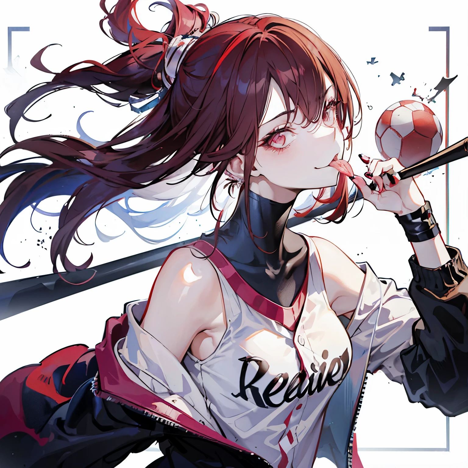 1 girl, hair tied half high, dark red hair, personality, rebellious, bully, bad girl, smirk, tongue sticking out, holding a baseball bat over her shoulder, an arrogant look on her face