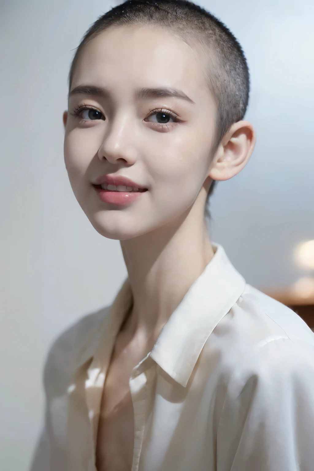 ((((8k))),((Extremely meticulous CG)) ,(ID photo),16k,((Extremely refined and beautiful)),(((Masterpiece))),(((best qualtiy))),(((Ultra High Resolution))),beautiful light up,Perfect lightning,realistic shaded,((high resolution)),(Smooth and flawless fair skin:1.5),(pale skin:1.3),(Extremely exquisite facial details:1.2),(perfect body:1.1),(ultra-detailed),((A beautiful girl,solo)),(small head:1.2),(buzz cut:1.2),(small face:1.2),(baby face:1.3),(Exquisite makeup:1.2),(small breasts:1.2),(flat chests:1.2),(slim:1.3),(happy:1.2),(laughing:1.2),(white collared shirt:1.3),(night scene:1.5),(indoor:1.2),(standing:1.3),(close-up of face:1.3),(from front:1.3),