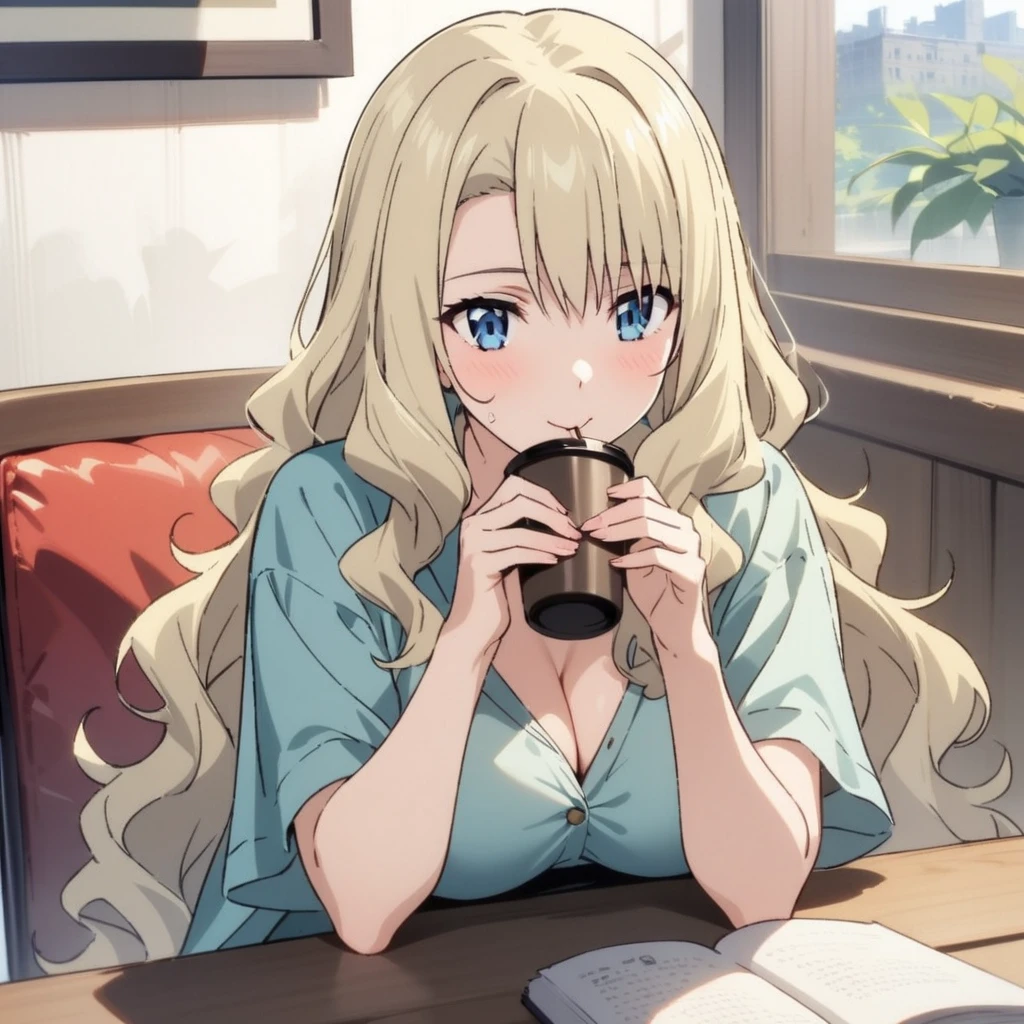 (mireille bouquet:1.1),1 beauty,adult female,blonde hair,Super beautiful graphics,long straight hair,Wavy hair only in the lower half,gradation blue eyes,(masterpiece:1.1、High resolution:1.2),While eating、sip coffee