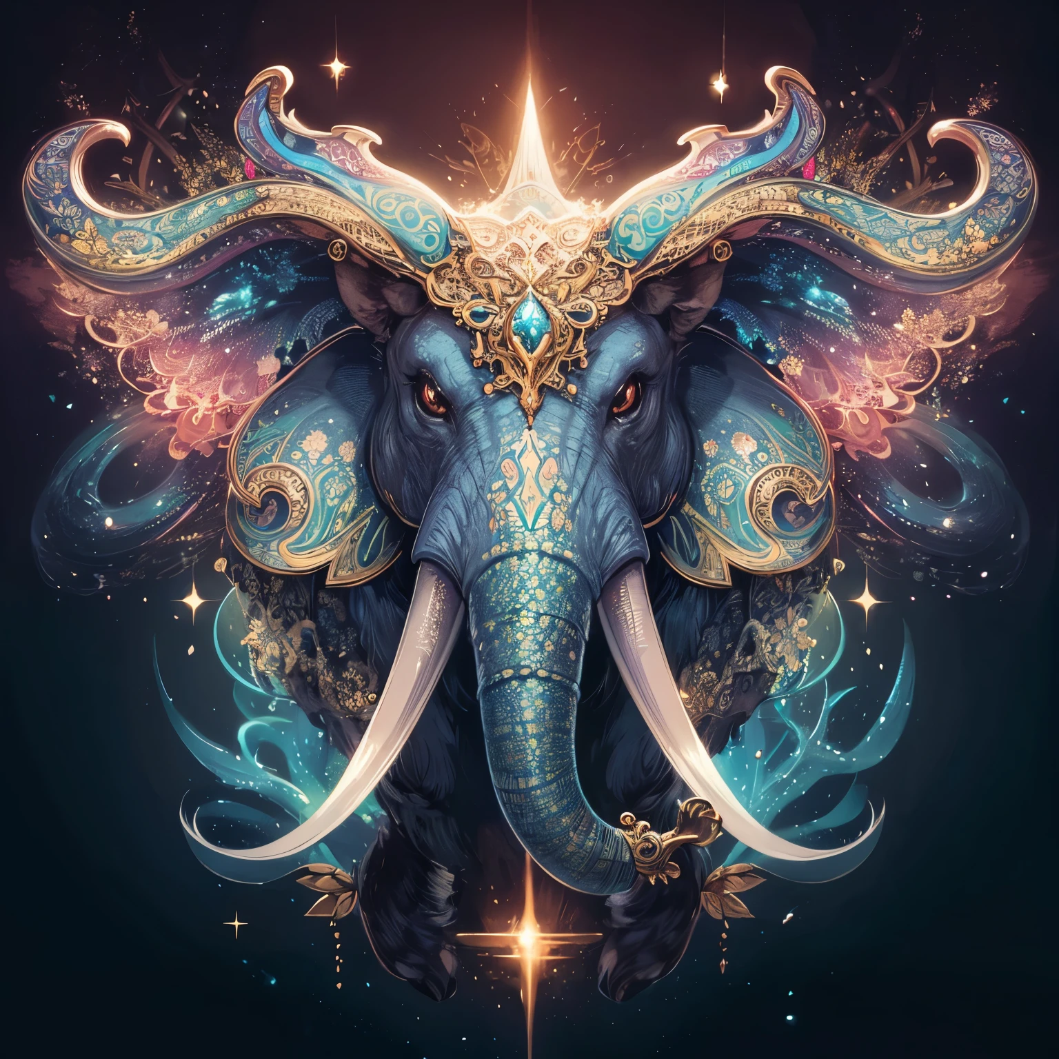 Fascinating and mysterious illustration of a fantasy creature reminiscent of an elephant, Decorated with vibrant and intricate patterns,Exudes charming color. Give it a majestic horn on its forehead, exudes softness, ethereal light, and depicts its ivory shining with magical light. Create an otherworldly atmosphere around creatures, A sense of wonder and beauty radiates from this majestic and dreamy presence.