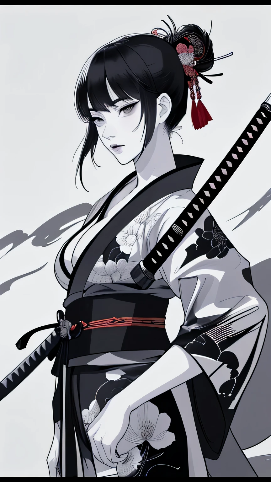 Mujer japonesa con katana, Samurai, tatuaje en el cuerpo, hermosa, rostro detallado, cuerpo completo, kimono sexy corto, ojos lindos arte lineal, Monocromo, (alta calidad)