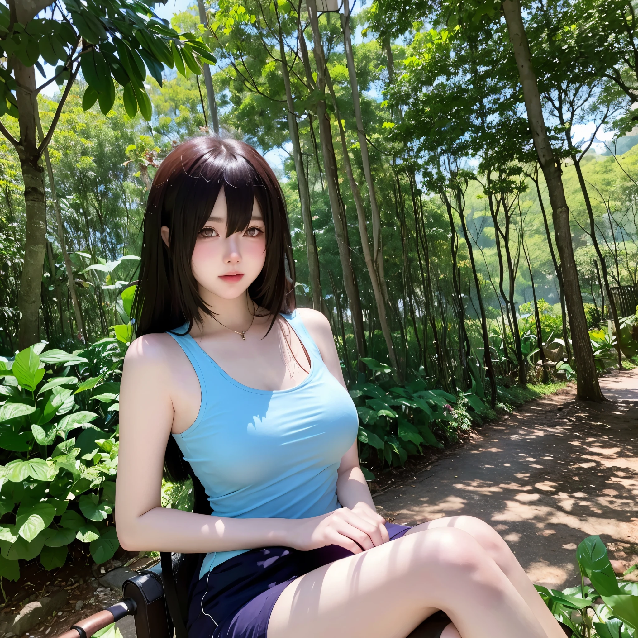 Create an enchanting illustration of a beautiful woman wearing a tank top, set against a backdrop of a lush forest. Ensure to capture the serene beauty of the natural setting while focusing on the exquisite detail of the subject. blurry background
