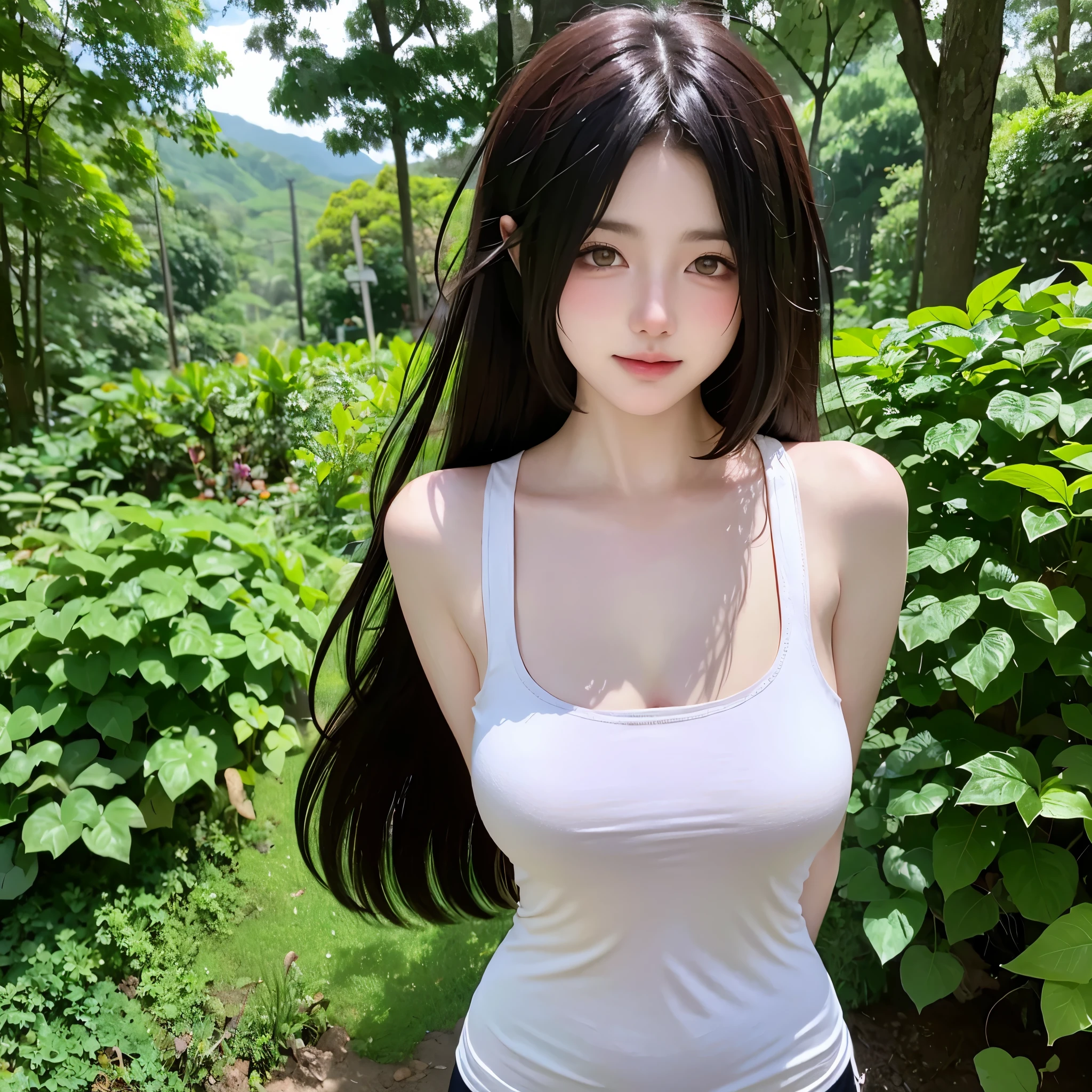 Create an enchanting illustration of a beautiful woman wearing a tank top, set against a backdrop of a lush forest. Ensure to capture the serene beauty of the natural setting while focusing on the exquisite detail of the subject. blurry background
