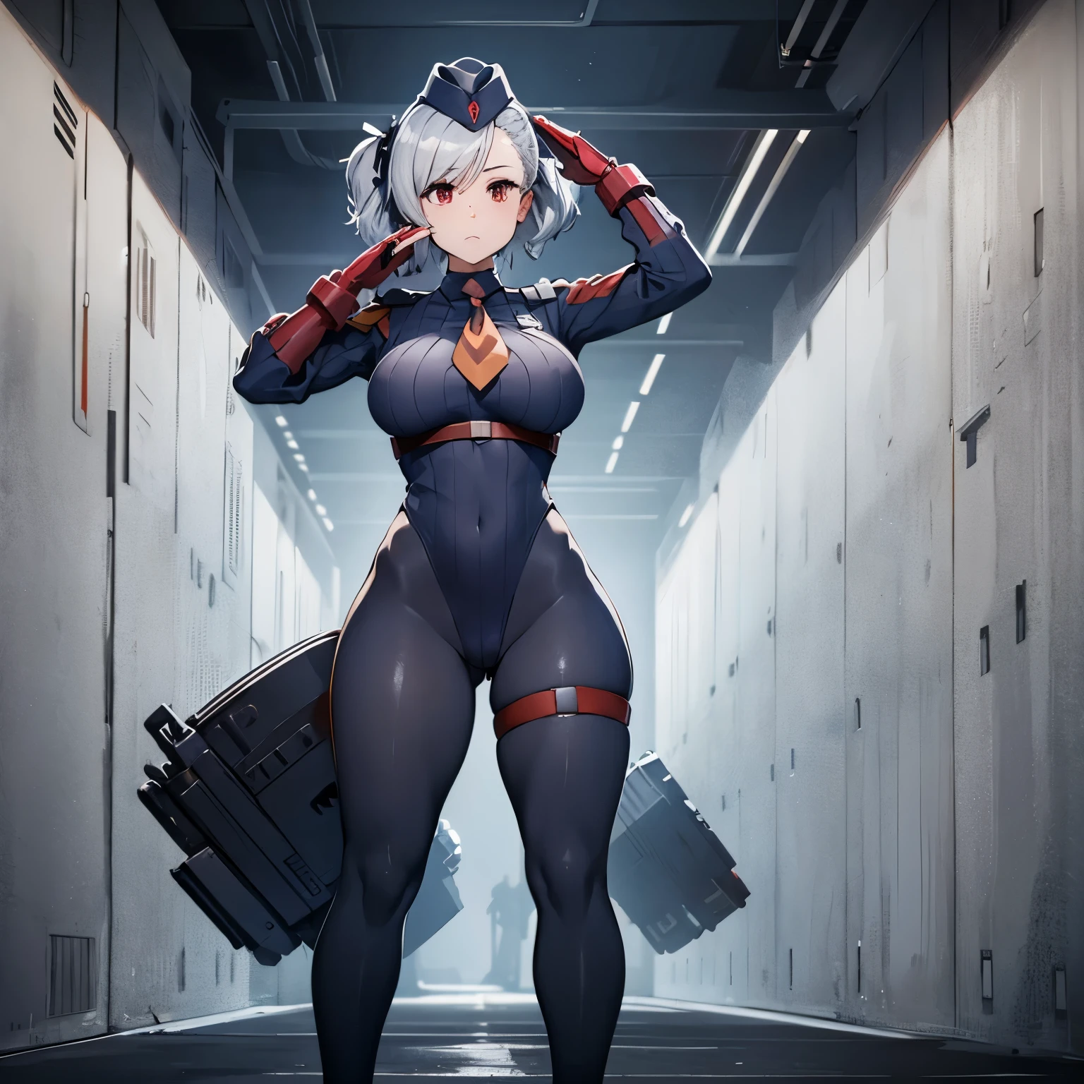 hat, necktie, gloves, ribbed bodysuit, expressionless, blank eyes, looking at viewer, corruption, mind control, female combatant, full body, hypnotized, unhappy trance, full body, obey, perfect female body, hypnosis, hypnoLora, empty eyes, Mind control device, poses, submissive_pose, Slave, standing straight, standing, standing at attention, Fighting Stance, extending the right arm from the shoulder into the air with a straightened hand, (((pixel-perfect, detail-perfect))), solo, 1girl, hair ornaments, short hair, large breast, huge breast, solo,1girl,spasnormal,hair ribbon,red eyes,grey hair, twintails, sabrina, SPASNORMAL, salute, saluting, military saluting