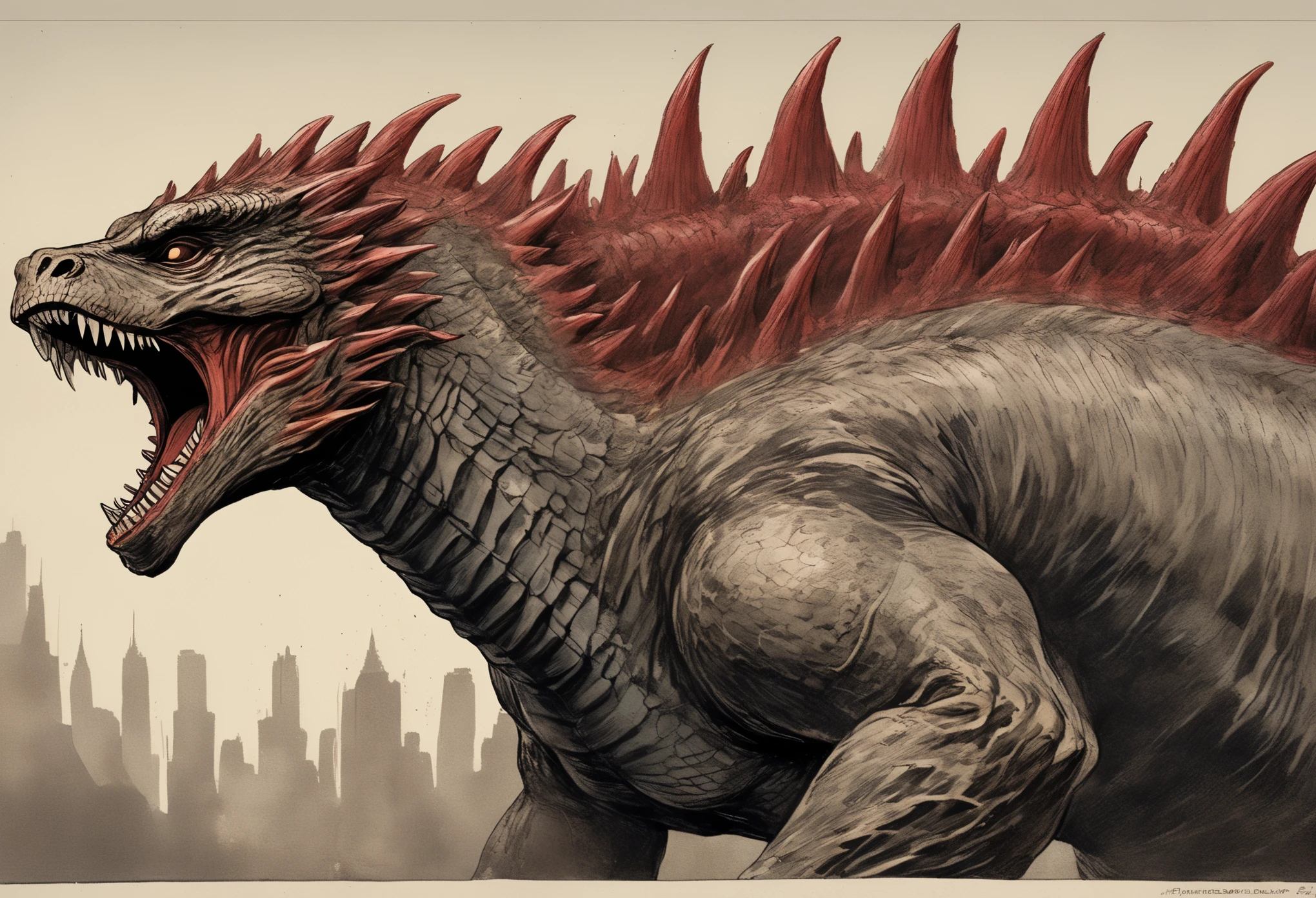 New True Gojira, godzilla, shin godzilla, sleek, unsettling silhouette with a long tail, five rows of dorsal fins, shortened arms, and upturned claws. His long neck leads to a small, beady-eyed head with a large mouth full of needle-pointed teeth. His skin is beige, and he has large pulsating gills on the sides of his neck that leak a red, blood-like fluid as he moves. frederic delavier musculature anatomy style detailed clinical illustration, cel shading, wordless kaiju cinematic poster, maximal extreme turmoil, confounding paradox, intense display of power, rage engulfing all senses, depth, height, grandeur, scale, vertigo, sense of movement and energy 
