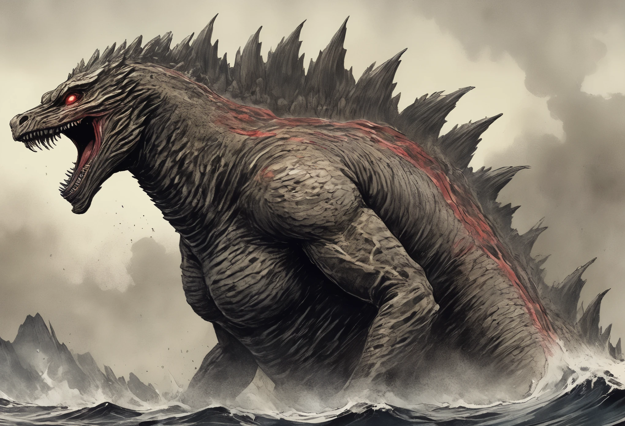New True Gojira, godzilla, shin godzilla, sleek, unsettling silhouette with a long tail, five rows of dorsal fins, shortened arms, and upturned claws. His long neck leads to a small, beady-eyed head with a large mouth full of needle-pointed teeth. His skin is beige, and he has large pulsating gills on the sides of his neck that leak a red, blood-like fluid as he moves. frederic delavier musculature anatomy style detailed clinical illustration, cel shading, wordless kaiju cinematic poster, maximal extreme turmoil, confounding paradox, intense display of power, rage engulfing all senses,