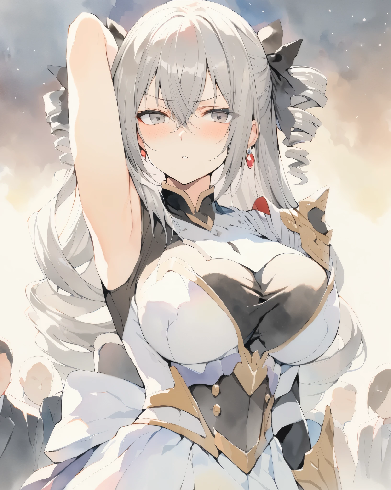 masterpiece, best quality, watercolor (medium), 1 girl, Bronya Zajczyk, breast, alone, long hair, split, gray hair, gray eyes, Shut up, earrings, Bangs, jewelry, skirt, bare shoulders, sleeveless, hair between eyes, 单pauldron, looking at the audience, large breast, armor, shoulder armor, drill hair, sleeveless skirt, Upper body, single sleeve, double diamond, white skirt, pauldron, Poker face