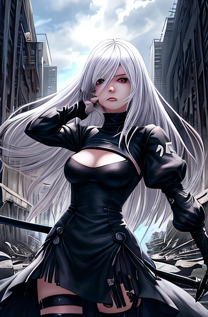 20th generation,1 woman,anime,cool beauty,silver hair,beautiful face,sharp outline,feminine eyebrows,whole body,medium long hair,city of ruins,YoRHa unit clothing,Slash with a sword,