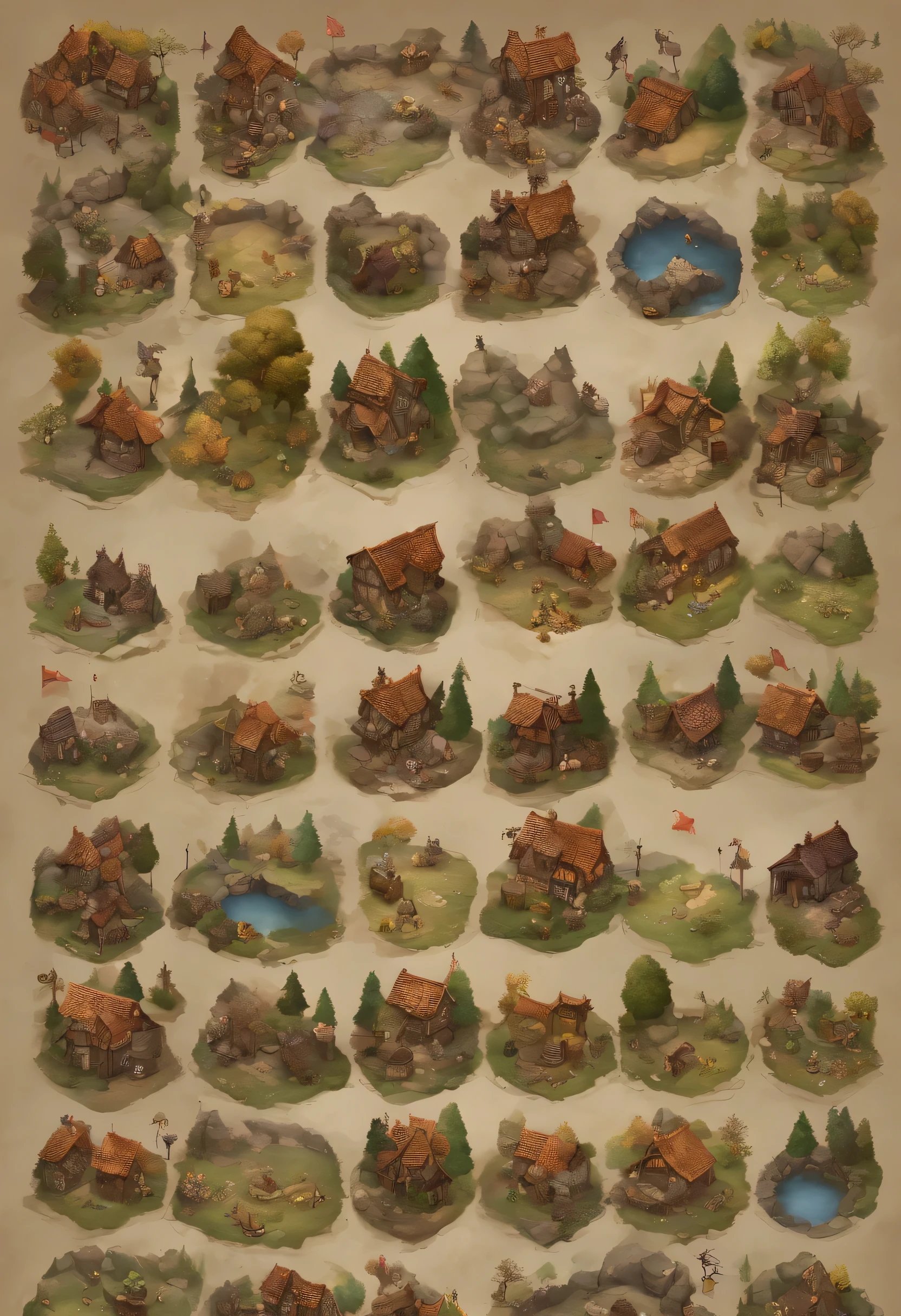 Drone shooting from above, Village Battle Map, Humble house, Gun stores, Tavern, Chis, Central square, Good lighting, Dungeons and Dragons, final fantasy, game art, (Coherent architecture and interior decoration, Has realistic proportions and textures, intricate details, Hand Painted, vibration, movie lighting, Main items, 8K)