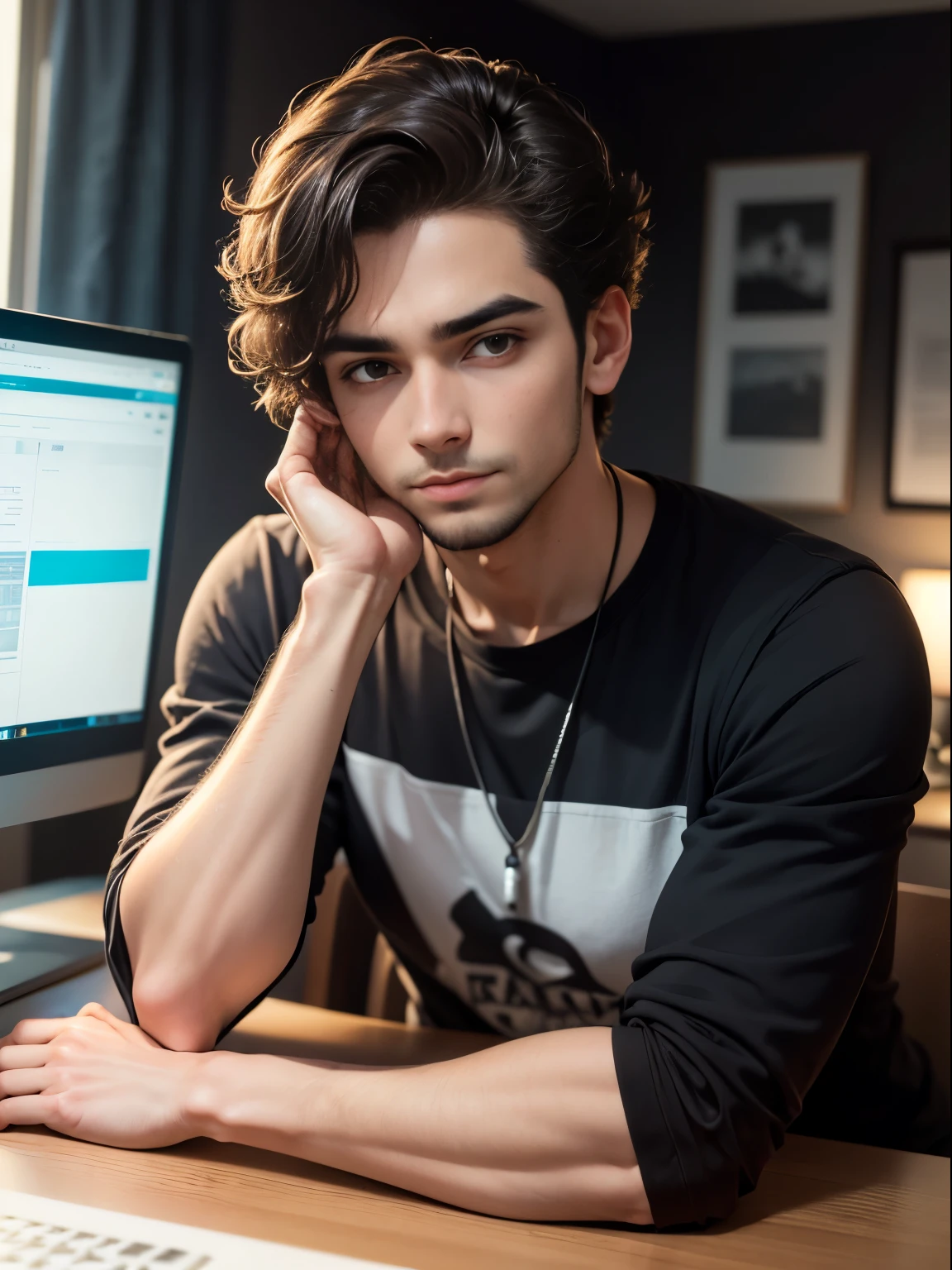 um jovem incrivelmente bonito e gostoso de 19 anos, com cabelo castanho escuro curto e olhos castanhos, angular jaw, cara de caixa, barba por fazer, Alto e magro, vestindo um moletom, sentado na cadeira na mesa do computador, Both hands on the table. Ambient room background and studio lighting, close do personagem, headshot portrait of character, close do personagem, mom doing podcast.