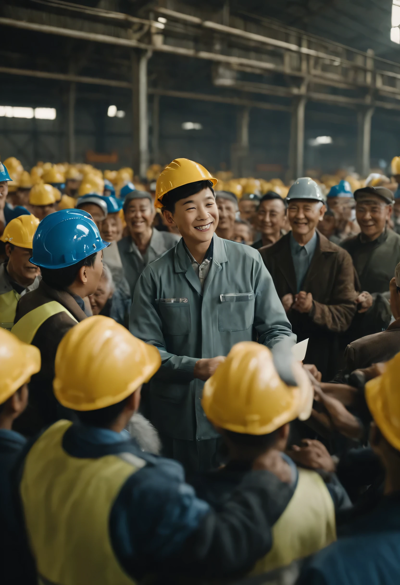 large crowd of people、A 16-year-old boy wearing a helmet and factory work uniform is greeting the factory president, a middle-aged man, in a manufacturing factory with many old machine tools.、The boy is handed a letter of appointment from the company president.、A large number of elderly factory workers are clapping and celebrating in the surrounding area.、
