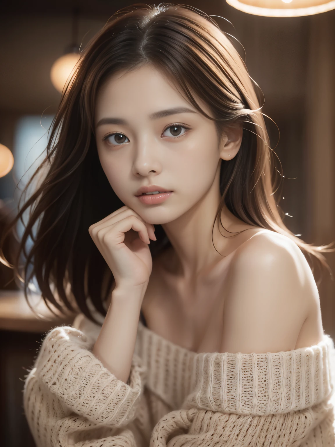 ((Women only)), (head shot), (frontal face), (Pretty woman in her 20s in off-shoulder sweater), (detaile: 1 in 1), Natural muscles, HIG quality, beautidful eyes, (Detailed face and eyes), (Face、: 1 / 2), Noise, Real Photographics, PSD, Sharp Focus, High resolution 8K, realisitic & Professional Photography, 8K UHD, Soft lighting, High quality, Film grain, FujifilmXT3, old coffee shop,