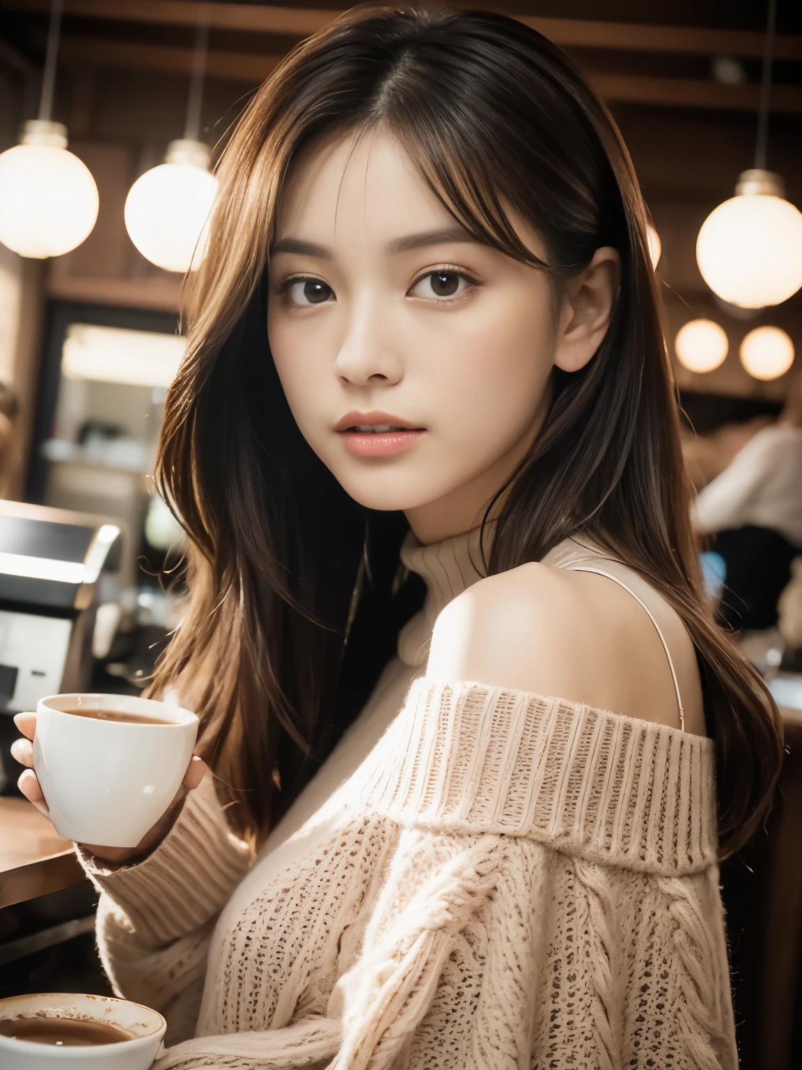 ((Women only)), (head shot), (frontal face), (Pretty woman in her 20s in off-shoulder sweater), (detaile: 1 in 1), Natural muscles, HIG quality, beautidful eyes, (Detailed face and eyes), (Face、: 1 / 2), Noise, Real Photographics, PSD, Sharp Focus, High resolution 8K, realisitic & Professional Photography, 8K UHD, Soft lighting, High quality, Film grain, FujifilmXT3, old coffee shop,