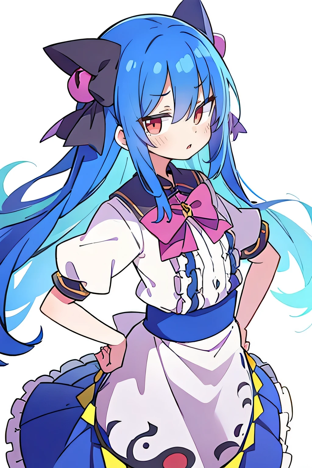 (masterpiece),best quality, expressive eyes, perfect face, 1girl,
 Put your hands on your waist,fair, Gorgeous,Japanese cartoons,girl,lola,Hina Angel, blue hair, blue haired, floating clothes,Grab your waist, Grab your waist, hands on hips , hands on hips,flat chest