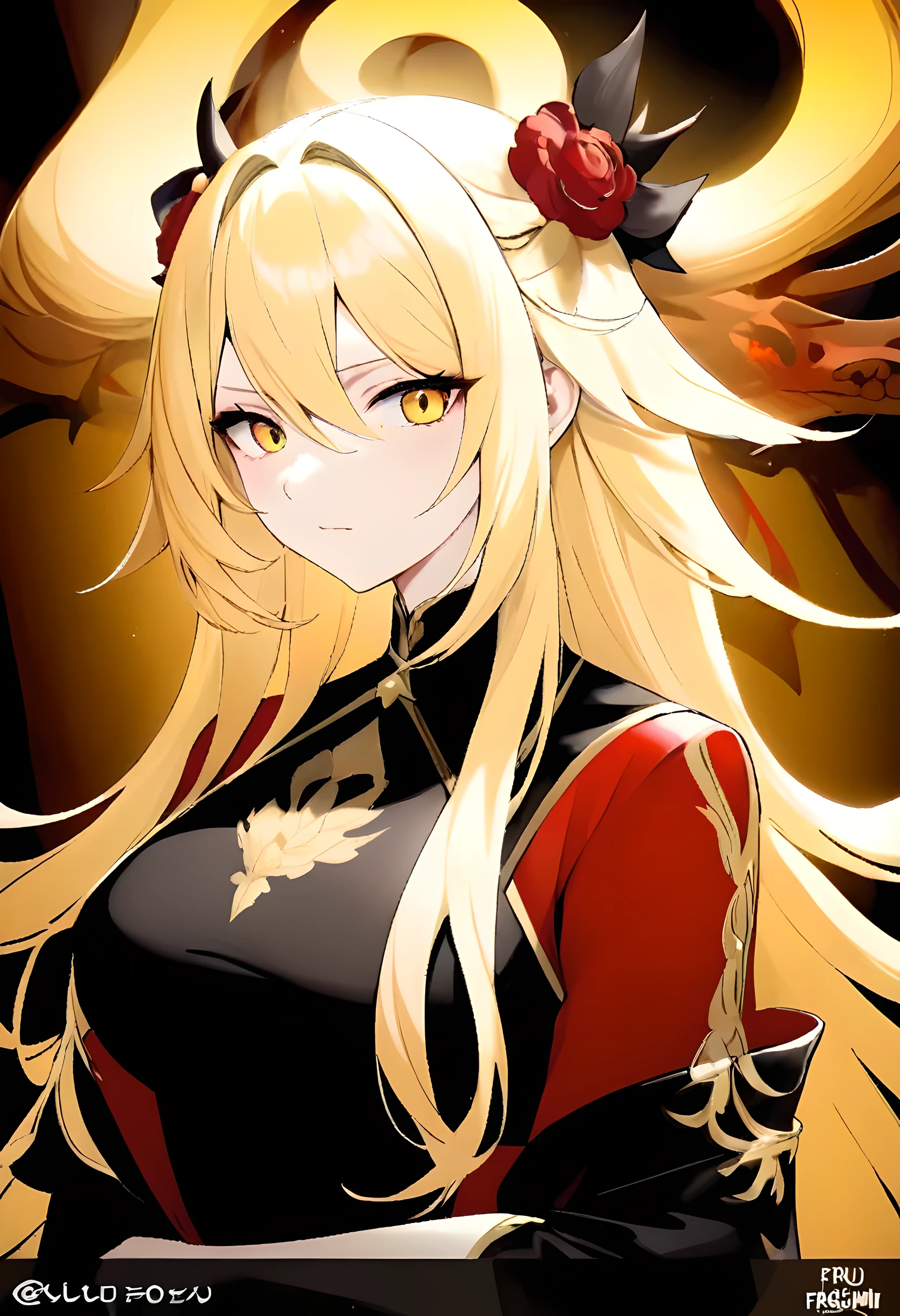 Anime Frau with long blonde hair and red and black outfit, blonde Anime Frau with long hair, Mika Kurai Demon, demon Anime Frau, Onmyoji Portrait, Ryuu, the dragon girl portrait, Anime goddess, Anime-Stil wie Schicksal/Stay overnight, (Anime Frau), Ayaka Genshin Impact, portrait of a female anime hero, Anime Frau with long hair