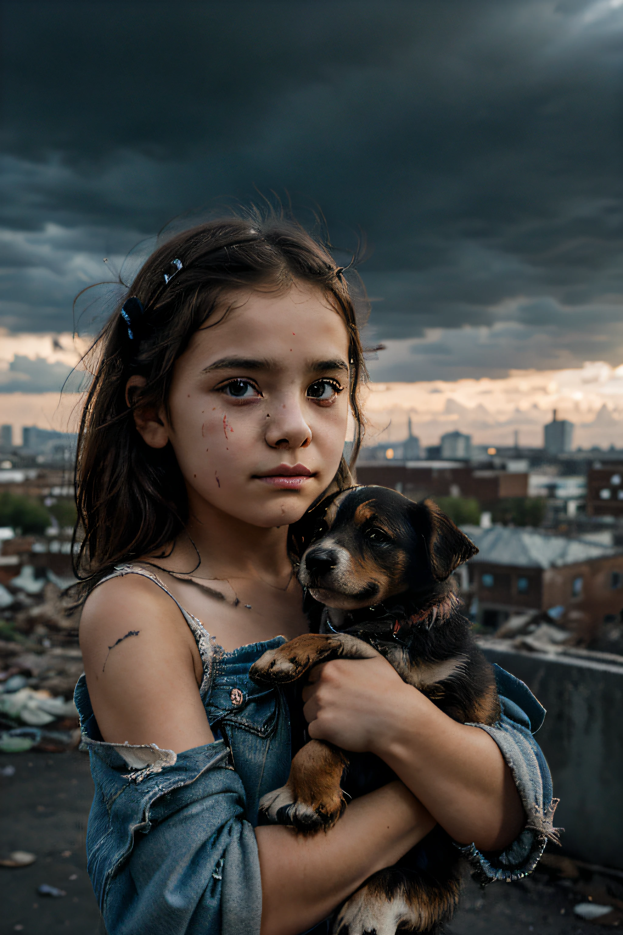 Uma  de 5 anos segurando um filhote de cachorro, pequenas cicatrizes em seu rosto, roupas esfarrapadas, The city in ruins, the dark sky with clouds.