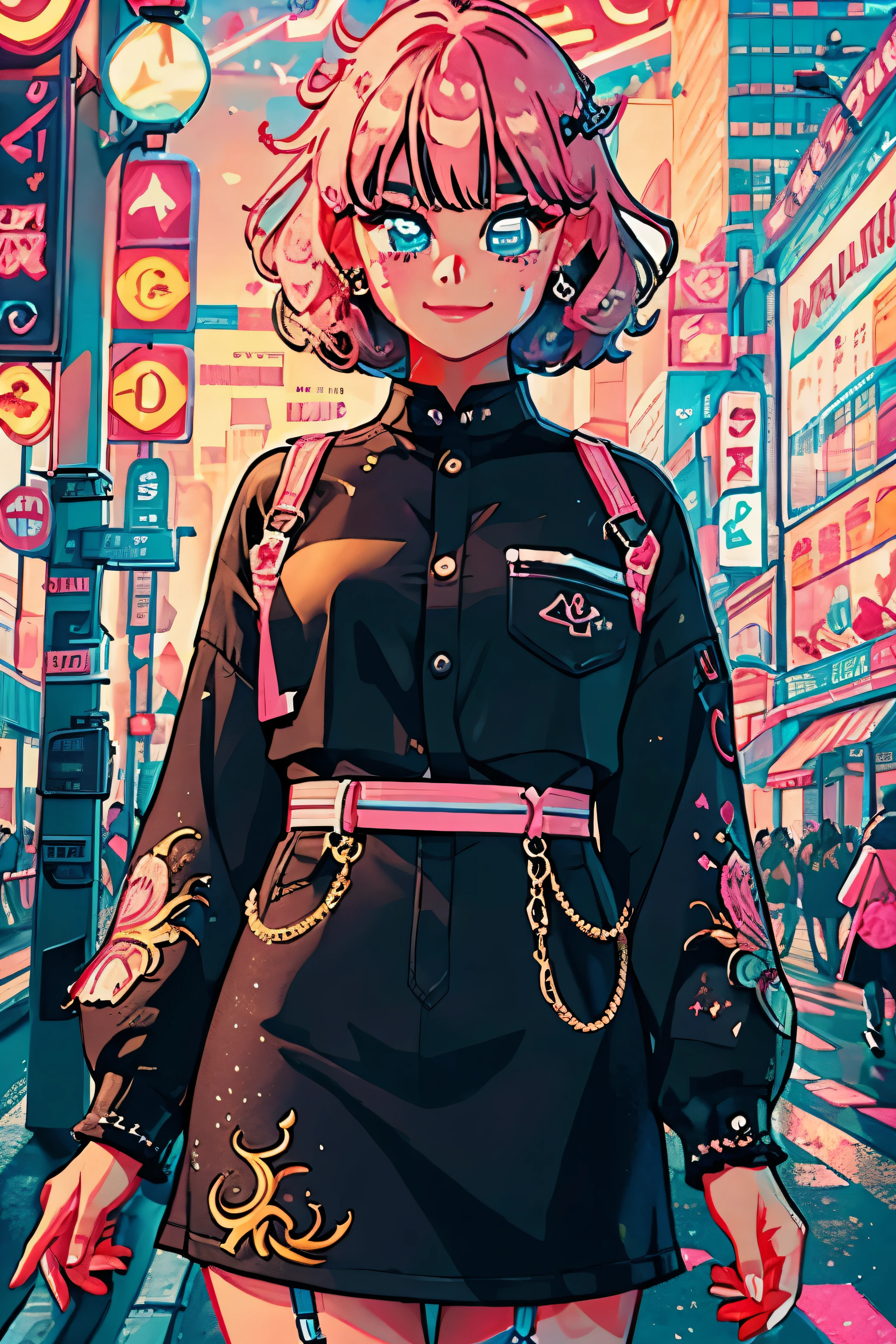 better quality, 4k wallpaper, masterpiece, Highly detailed CG uniform wallpaper 8k, very fine eyes, super detailed, intricate details, 1 girl, neon art style_pop, public, outdoor, road signs, city,short hair、pink hair,Fair skin， Because it was cropped, look at the audience,Smile here