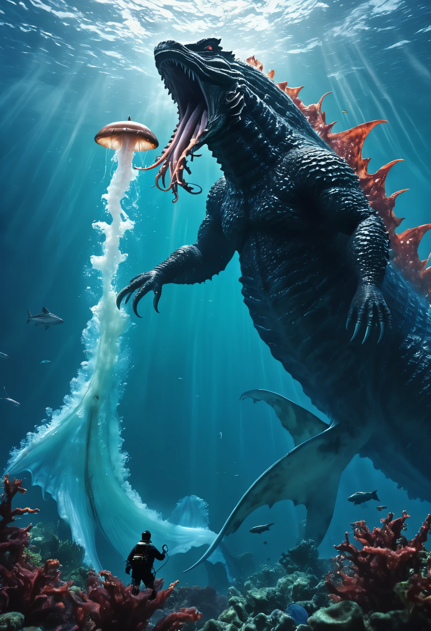 Godzilla catches a giant squid and eats it, titanic battle underwater, high fantasy