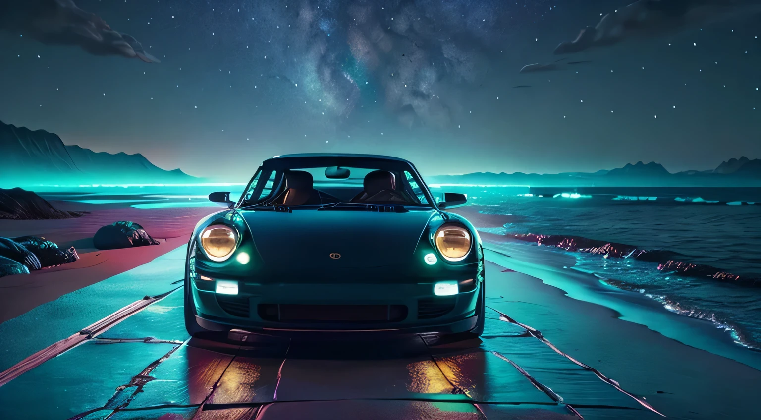 A breathtaking scene of tranquil water being illuminated by the glistening bioluminescence, boasting captivating turquoise hues. In the background, a Porsche 911 RWB with a wide body stands out, depicted in a sketch-like, cartoonish style reminiscent of a comic strip. The car is expertly rendered by Chip Foose, showcasing shiny chrome wheels and a bagged, slammed-to-the-ground design, adding an artistic touch to the gothic masterpiece. The highly detailed image is captured in exquisite 8K ultra-high definition, providing a mesmerizing view that leaves one
