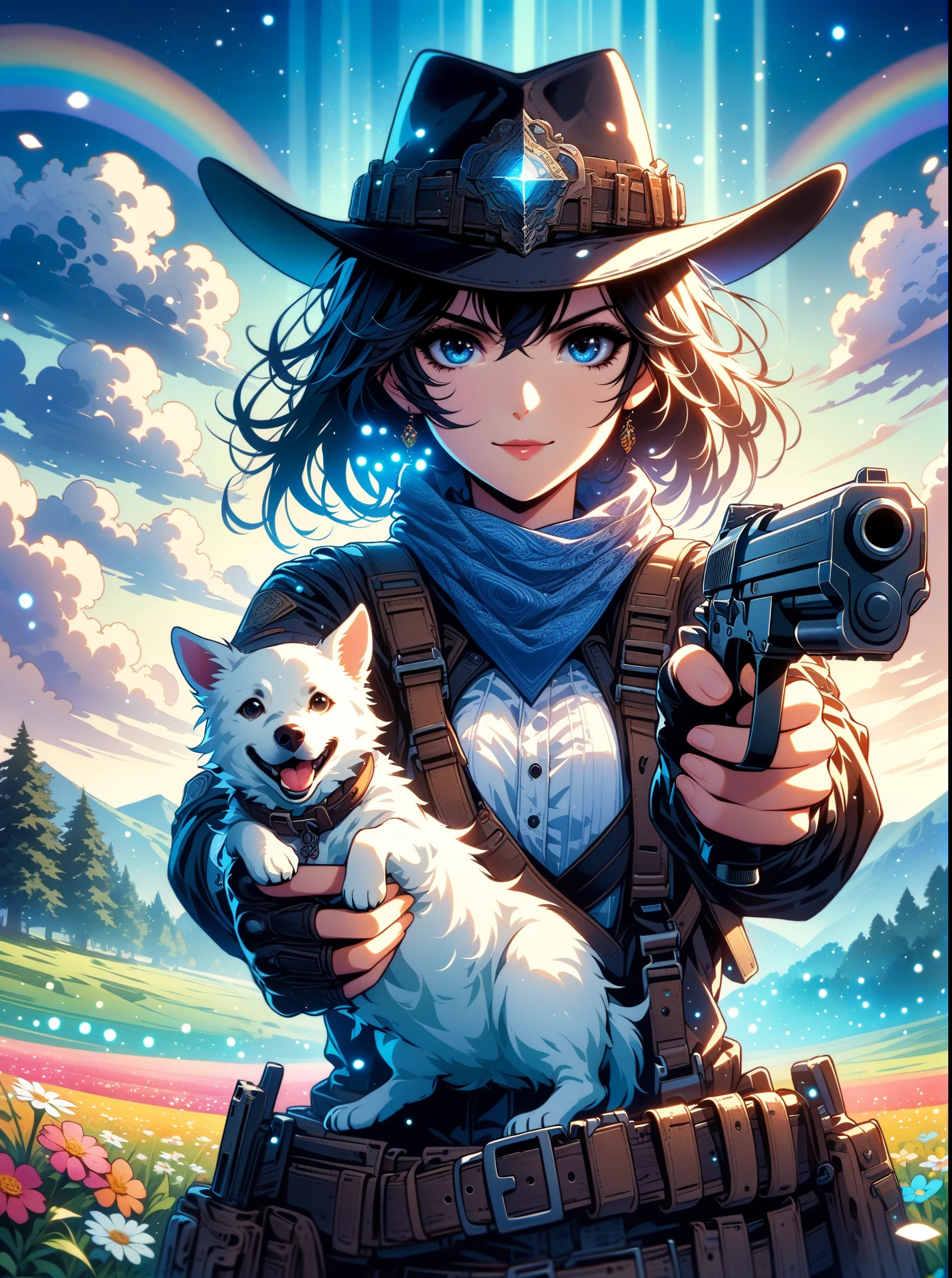 French countryside,Illustration of a cute girl,long black hair,Wearing a blue and white floral skirt,Holding a white dog,Walking in a flower field with cloudy sky background,Holding a gun with one hand,Aim at you,emit laser,happy facial expression,digital art style,bold line work,Flat illustration style,bright colors,breath of spring,landscape photos,high resolution,high quality,high detail,rich and colorful, rainbow, small , Contrasting colors, in the spring landscape, icon design, Rozmin trip, vector art, alone,Abstract surreal colors, popular geometric surrealism, rainbow色的梦想