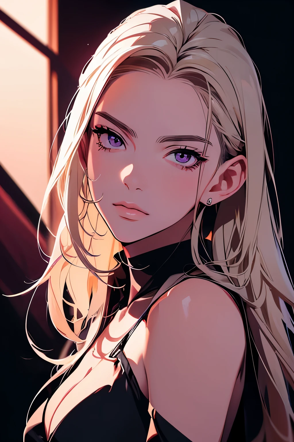 2d illustration, anime, a painting portrait in fine arts, in manhwa style, Bishamon from noragami, 1girl, blond long hair, big hair, purple eyes, makeup, beautiful, high definition, masterpiece, best quality, high detail, high detailed eyes, grain filter, Detailed lips, high resolution, ultra-detalhado, retrato, mulher caucasiana, realista proportions, Anatomicamente preciso, bochechas rosadas; dark lighting, alta qualidade, premiado, high resolution, 8k, dark atmosphere