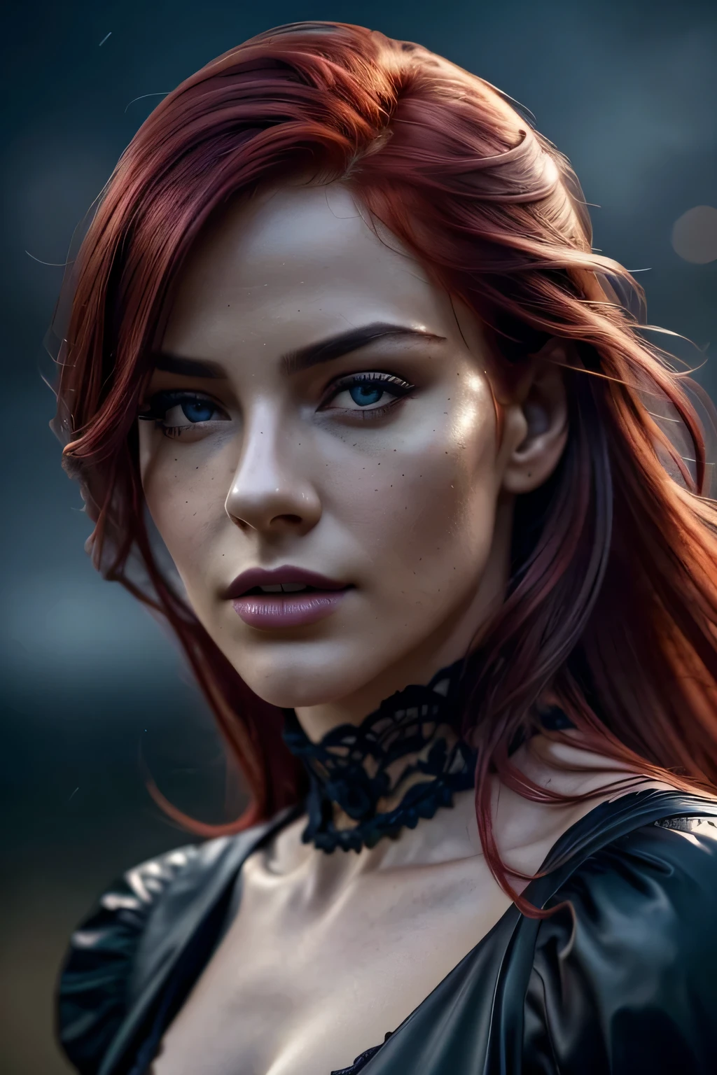 portrait shot, ((vivid red hair)), mature woman, 30 years old, diamond face, moonlight, red starry sky background, depth of field, magic, big red lips, ((dark black eyes)) black and red long and full dress, covered chest, mystical atmosphere, ominous shadows, Intense blue aura, Intense red aura (best quality:1.2), absurdres, intricate details, (highly detailed skin:1.2), smile expression, posing, taut and well defined body, attractive. Highly realistic, pale skin, beautiful, hyperrealism, skin very elaborated, direct gaze, (RAW, analogue, Nikon Z 14mm ultra-wide angle lens, award-winning glamour photograph, ((best quality)), ((masterpiece)), ((realistic)), skin pores, subsurface scattering, high-res, detailed facial features, high detail, sharp focus, smooth, aesthetic, extremely detailed, (extremely detailed eyes, extremely detailed iris), extremely detailed hair, extremely detailed skin, extremely detailed clothes, octane render, photorealistic, realistic, post-processing, max detail, realistic shadows, roughness, natural skin texture, real life, ultra-realistic, photorealism, photography, 8k UHD, photography, hdr, intricate, elegant, highly detailed, sharp focus, stunning, beautiful, gorgeous), realistic, masterpiece, highest quality, movie still, cloud girl, floating in the sky, (close-up:1.1), medium breast, bright, happy, fun, soft lighting, RAW photo, UHD, 32k, Natural light, cinematic lighting, masterpiece-anatomy-perfect, masterpiece:1.5