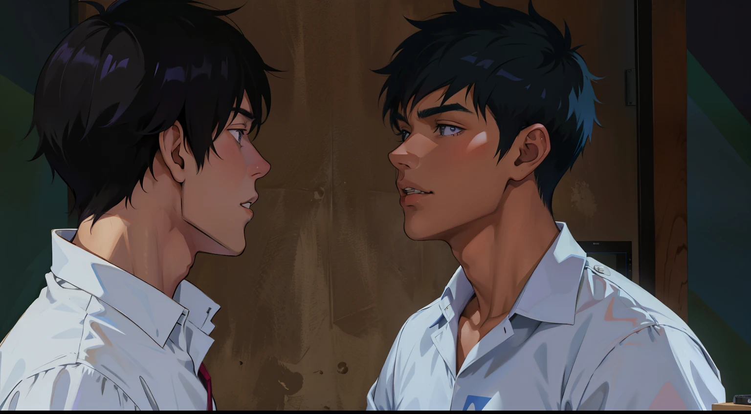 teen anime scene two handsome 16 year old boys with purple hair approach each other