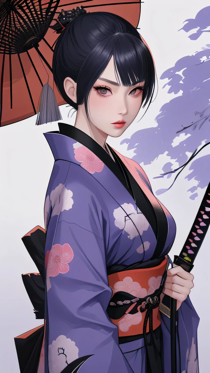 Mujer japonesa con katana, Samurai, tatuaje en el cuerpo, hermosa, rostro detallado, kimono sexy corto, ojos lindos, cuerpo sensual