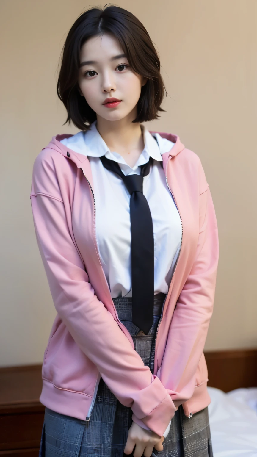 (((best quality, 8 thousand, masterpiece:1.4)), (20 year old woman), masterpiece, distinct, highres, high_quality, wide_shot, small_face, absurdly_short_hair, female, sagging_breasts, balancing, stretching, gentle_face, bare_shoulders, center_opening, downblouse, ((best quality)), ((masterpiece)), (detailed), perfect face, very big breasts, ultra high resolution room, 8k, perfect body, hud, Ergonomic, slim legs, small face, long eyelashes, Sparkling pink lips, eye for detail, clean skin, blemish-free face, korean beauty, 20 year old woman, 1 woman, Sexy pelvis, long hooded jacket, wizard jacket, long jacket, trapped in a maze, necktie, shirt, skirt, (Huge, saggy breasts),