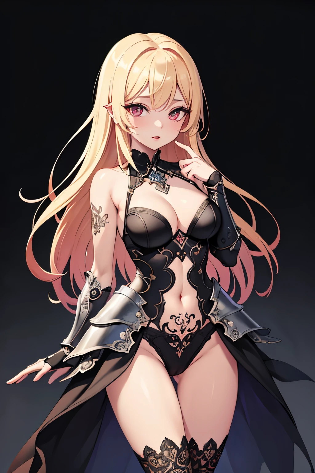 1girl, anime, cute girl, blank background, white background, fantasy, detailed fantasy dress with highlights, beautiful face, beautiful eyes, dark colors, black hair with multicolor streaks, red eye with different color pupil in eye, multicolor eye, medium small breasts (slightly big), slight cleavage, beautiful skin, cute, breast curtains, extremely delicate and beautiful, (beautiful detailed face:1.0), (detailed deep eyes), symmetrical breasts, deep eyes, shiny skin, portrait, slender waist, hips wider than shoulders, thighs, expressionless, young girl, luminous eyes, adorable,(Kpop idol),(aegyo sal:1),(Platinum blonde hair:1),((puffy eye)),Black panty,sexy posture,Superskirt, ultra high resolution,Black collar,slim figure, Abdominal y tattoo, womb tattoo,Tight-fitting leg ring,y tattoo on half-body,Bare skin, Armored hand,Hidden fingertips,Hand covered,Arm covered,Fist covered,{{beautiful detailed fingers}}, tufts of hair, moderate beautiful breast:1.0,(masterpiece:1.2), best quality, high-res, HDR, perfect face, intricate armor, delicate blue filigree, intricate filigree, red metalic parts, detailed part, dynamic pose, dynamic lights,