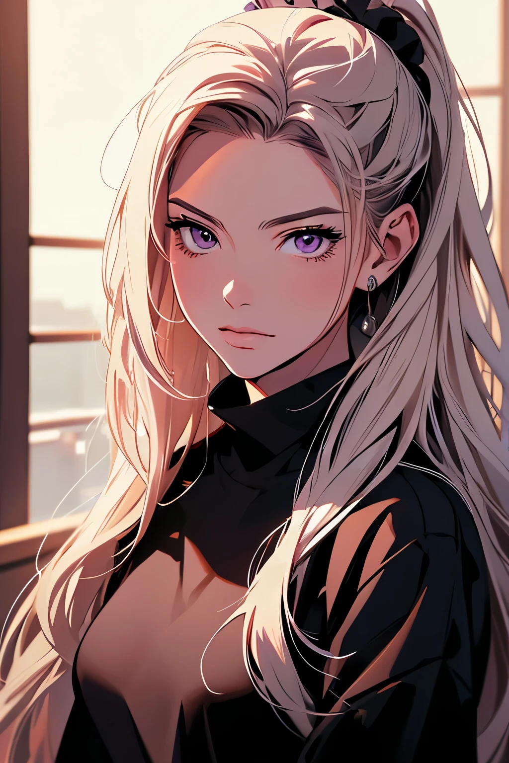 2d illustration, anime, a painting portrait in fine arts, in manhwa style, Bishamon from noragami, 1girl, blond long hair, big hair, purple eyes, makeup, beautiful, high definition, masterpiece, best quality, high detail, high detailed eyes, grain filter, Detailed lips, high resolution, ultra-detalhado, retrato, mulher caucasiana, realista proportions, Anatomicamente preciso, bochechas rosadas; dark lighting, alta qualidade, premiado, high resolution, 8k, dark atmosphere, {{high pony tail}}