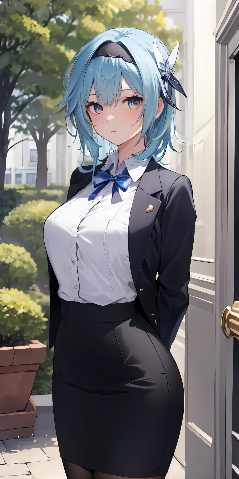1girl,
BREAK (business suit, pinstripe pattern, collared shirt, pencil skirt:1.2),
BREAK standing in a large alcove in the room , standing in front of a window ,arms behind back,
BREAK ball gown, in the garden of trees, wedding decorations, 
BREAK ((top quality, 8k, masterpiece: 1.3, ultra hd, high quality, best quality, high definition, realism)), sharp focus: 1.5, Beautiful woman with Slim body, (perfect hands, perfect anatomy),