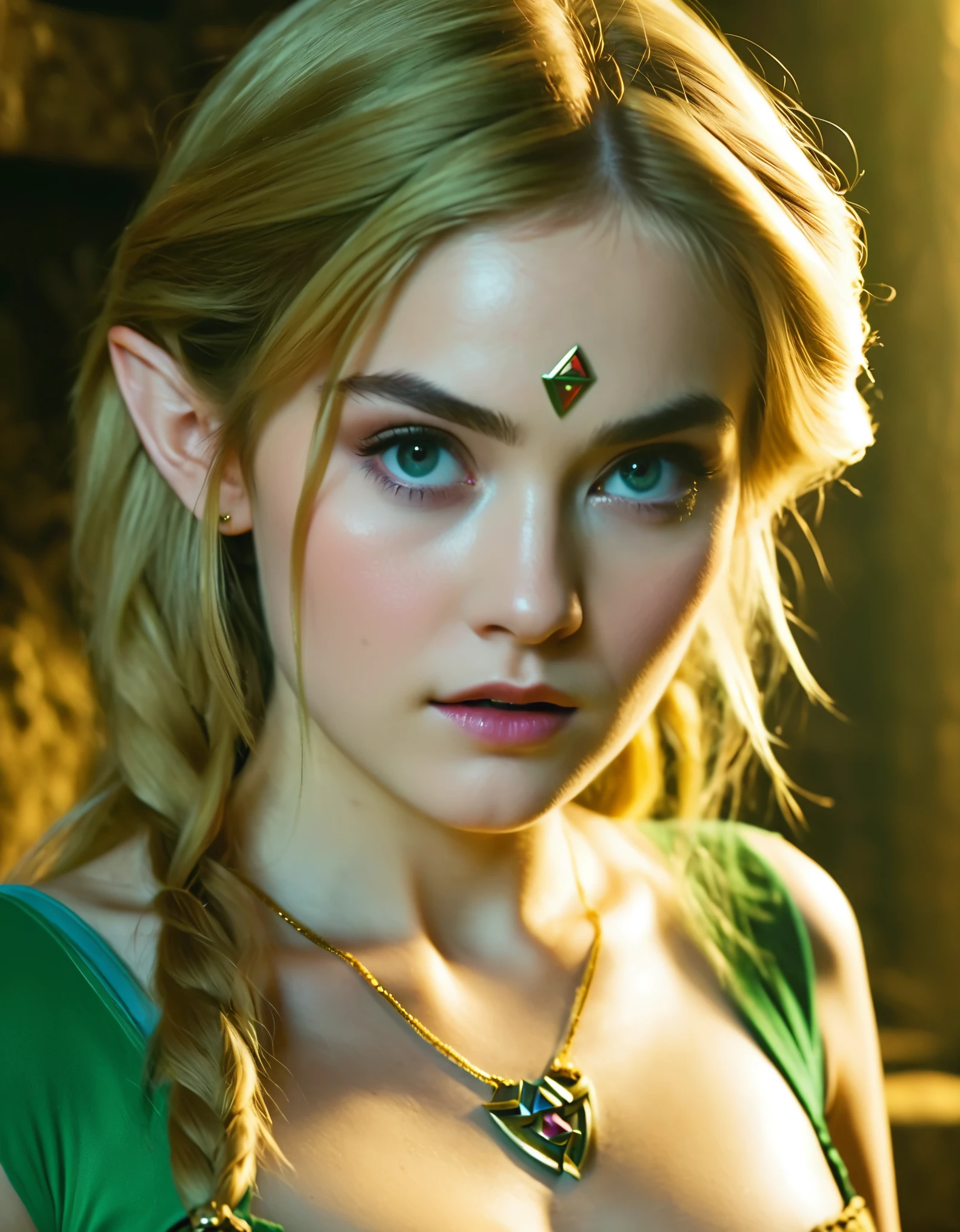 movie still of the Legend of Zelda Live action movie starring  (christina-hendricsks)  cinematic  light, 4k, closeup, skimpy high-saturation seductive 