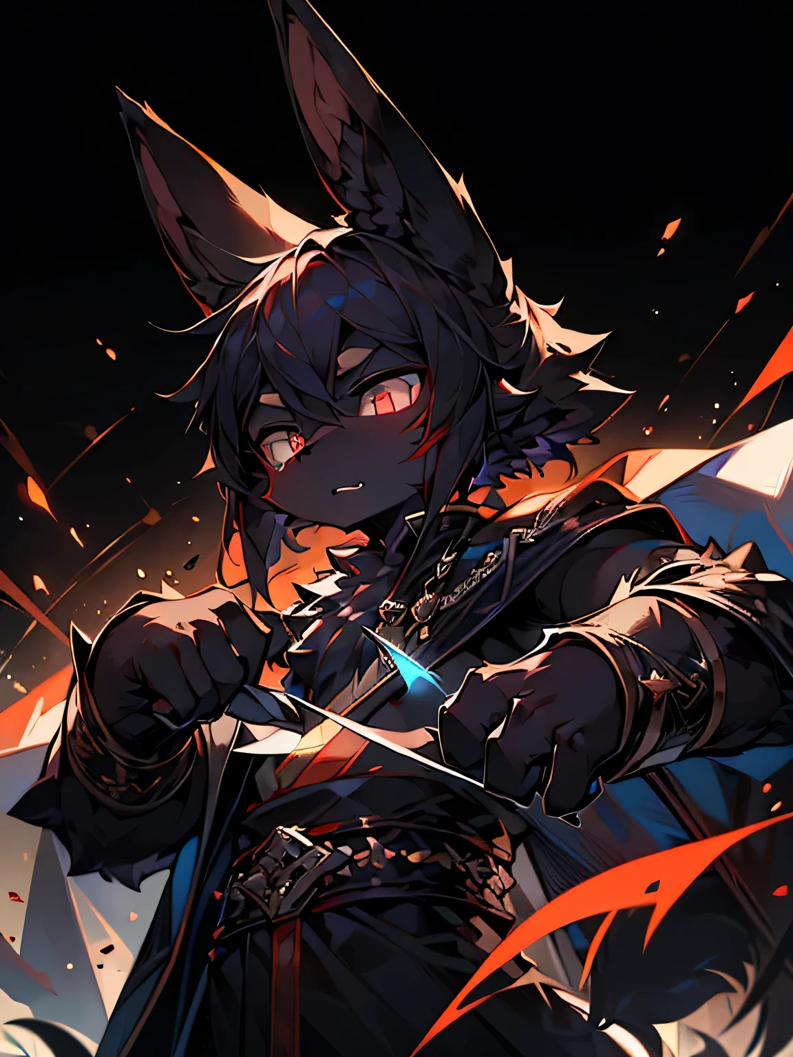 Hd, masterpiece, super detail, 8k, best picture quality, male, rabbit, (black fur), caped, petite, ((his hands hold daggers)), Assassin, dark expression, serious look, martial arts style