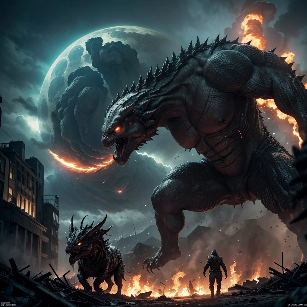 The prompt for generating a Stable Diffusion image of Godzilla is:
"(best quality,4k,8k,highres,masterpiece:1.2),ultra-detailed,(realistic,photorealistic,photo-realistic:1.37),monstrous creature,destructive force,city destruction,roaring ferociously,giant reptilian monster,devastating power,enormous size,towering over skyscrapers,demolished buildings,terrified crowds,apocalyptic scene,fiery destruction,epic battle with military forces,epic confrontation between man and monster,action-packed chaos,scaly skin,fiery breath,sharp claws and teeth,dark and menacing,immense power,city in ruins,menacing presence,chaotic rampage,devouring everything in its path,ensuing chaos,awe-inspiring terror,colossal monster emerging from the depths,unstoppable force of nature,massive tail thrashing,dreadful roar,atmosphere of fear and destruction,devastating wrath,unleashed fury,mythical creature,destruction on a massive scale,overwhelming power,awesome spectacle,breathtaking devastation,horror on an epic scale,city in flames,terrifying and awe-inspiring sight,unleashing havoc and terror upon the world,unimaginable strength and size,rampaging through the streets,unyielding and unstoppable force,cosmic menace,earth-shattering power,legendary beast,raining destruction from above."